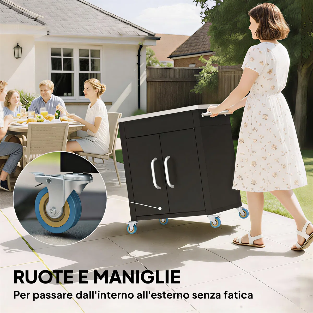 HOMCOM Carrello Barbecue con Piano in Acciaio Inox Tavolo da Cucina da Esterno con Ruote, Maniglia, 6 Ganci, Armadietto Contenitore 86x50x86.5 cm Nero