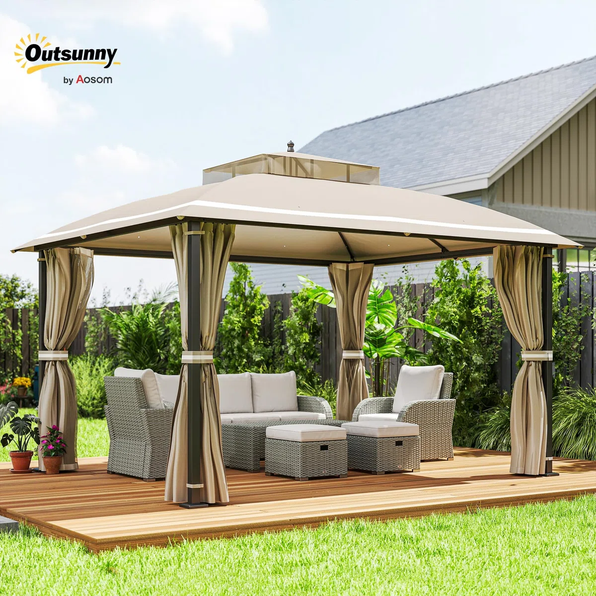 Outsunny Gazebo da Giardino 3.7x3m con Zanzariere, Doppio Tetto, Fori di Drenaggio e Pareti Laterali, Gazebo da Esterno in Metallo e Poliestere, per Giardino, Feste, Campeggio, Protezione UV, Beige