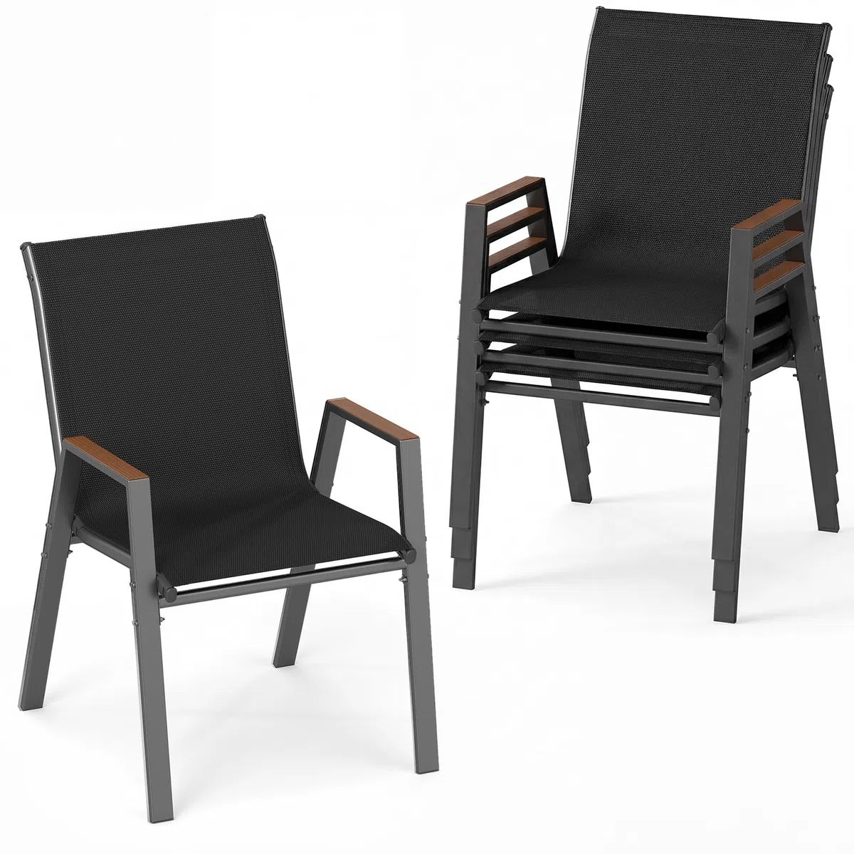 COSTWAY Set di 2/4 Sedie da Giardino, Poltrone in Tessuto Textilene per Esterno, Sedie Impilabili con Gambe in Metallo, Portata 180 kg, 56 x 66 x 88 cm (Nero,4)