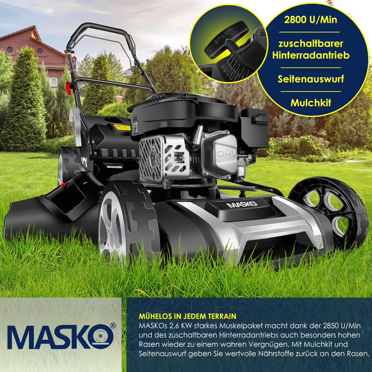 MASKO Tosaerba a benzina 5 in 1, larghezza di taglio 51 cm, regolazione dell'altezza di taglio 8 volte, motore OHV a 4 tempi, 6,0 CV, cestino di raccolta da 65 litri, incluso kit per pacciamatura