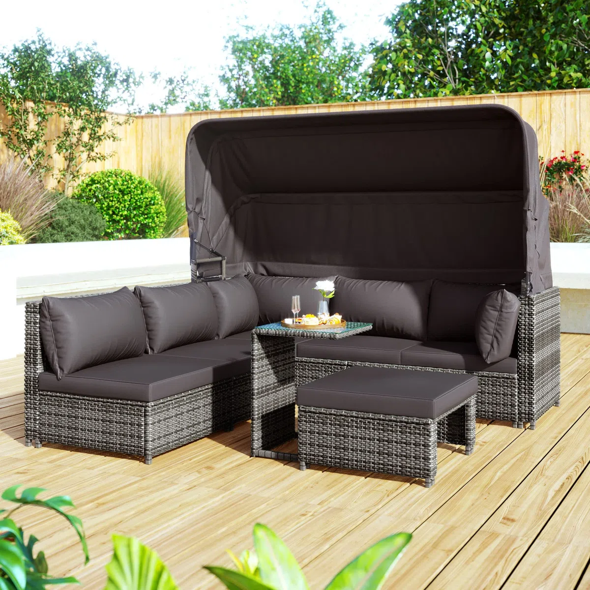 Set di sedie da giardino in rattan, divano con tettuccio parasole, sgabello, poltrone e tavolo, mobili da giardino per esterni, mobili da giardino, balcone e giardino, mobili da terrazza