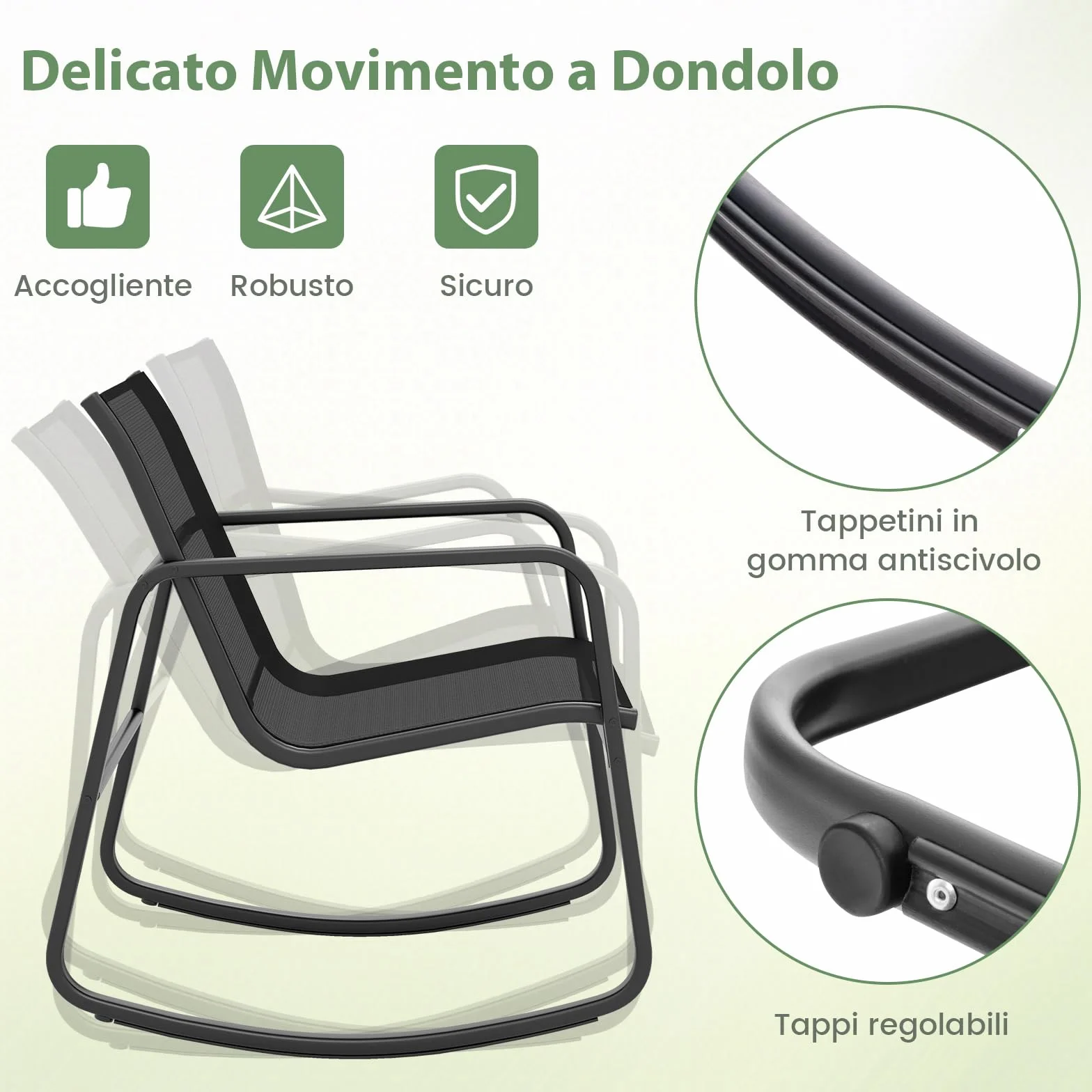 GYMAX Set di Mobili da Giardino 3PCS, 2 Sedie a Dondolo con Tavolino in Vetro, Piccolo Set da Patio con Movimento a Dondolo Fluido, Strisce Antiscivolo, per Portico Esterno, Cortile e Balcone