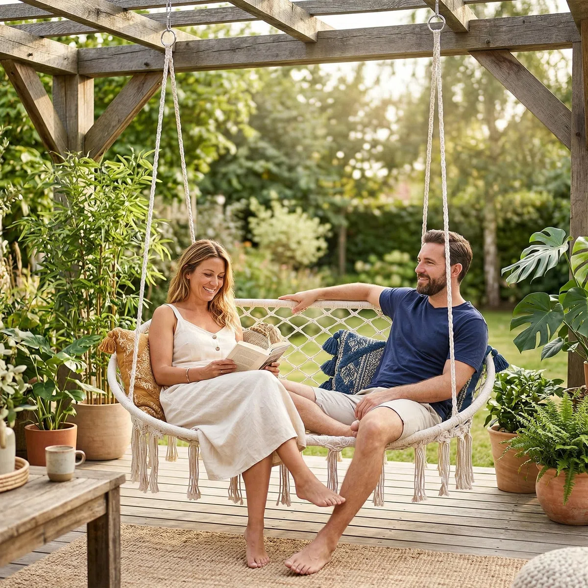 casa.pro Panca Sospesa per Esterni e Interni Altalena da Giardino per 2 Persone in Stile Boho 135x129x65 cm Intreccio in Corda Poltrona Dondolo Fino a 200 kg - Bianco Crema