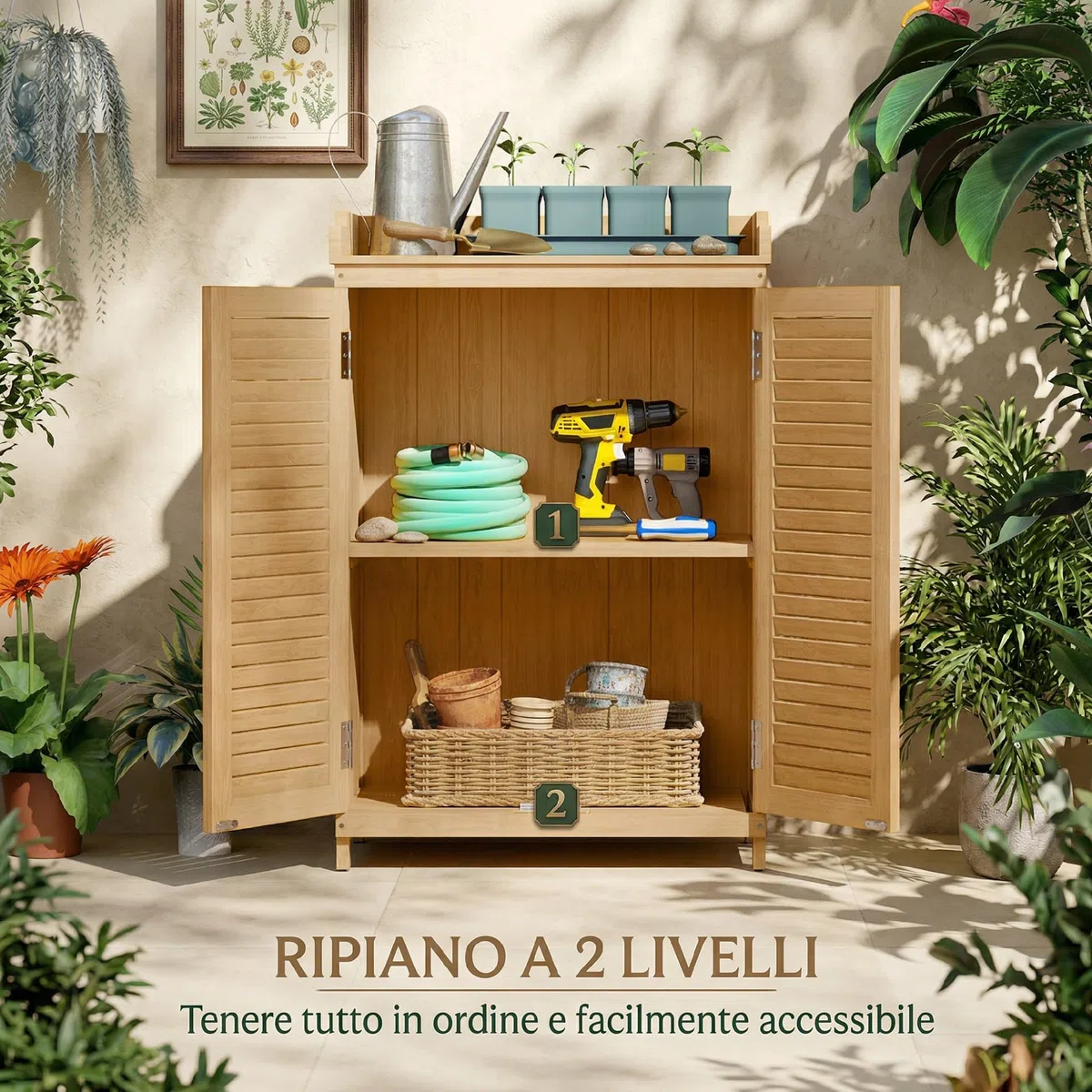 Outsunny Armadio da Giardino in Legno di Abete con Piano di Lavoro Zincato, Casetta Attrezzi Giardino con Ripiano Interno e Due Ante a Persiana, per Terrazza Patio, 65.5x40x98.5 cm, Giallo