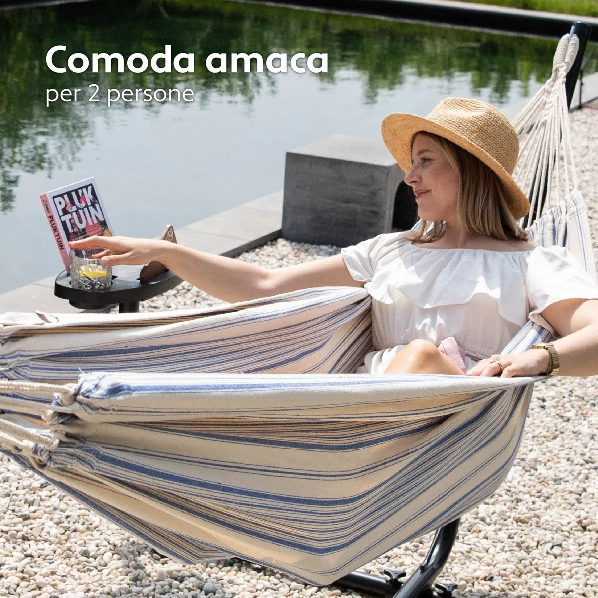 Vita5 Amaca con Supporto – Telaio Regolabile 290-330 cm – Ampia Amaca in 80% Cotone e 20% Poliestere per Giardino, Terrazza, Balcone e Campeggio – Portatile con Borsa per il Trasporto