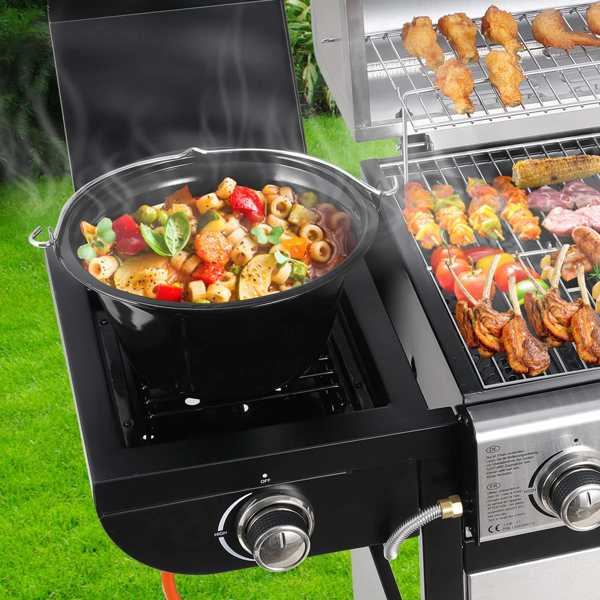 4+1 Bruciatore Barbecue a Gas in Acciaio Inox Con Termometro e Piano Cottura Laterale, 14.05KW BBQ Ad Alte Prestazioni per Giardini, Feste, Campeggio