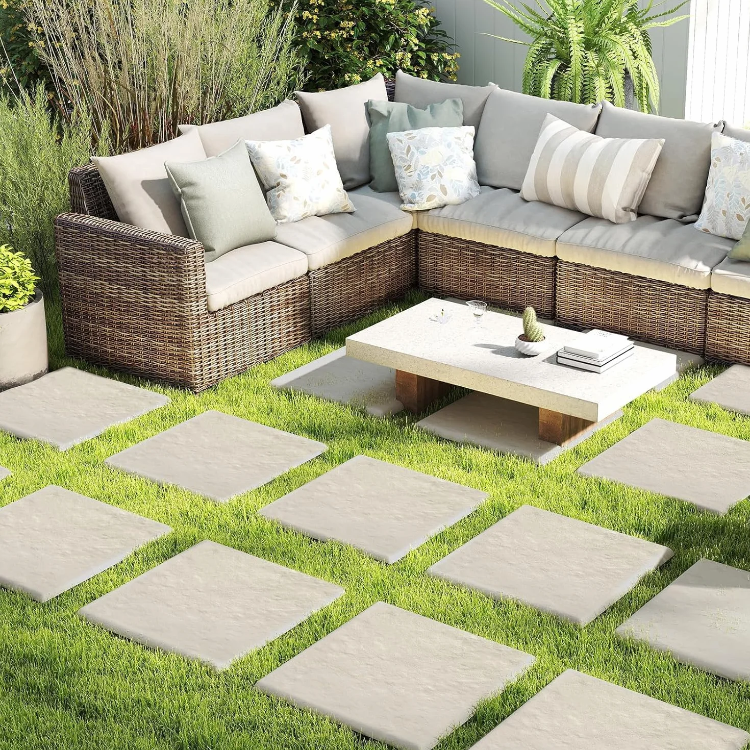 LIFEZEAL 16 Pezzi Pietre da Giardino con 4 Picchetti, Piastrelle per Esterno 39,5 x 39,5 cm, Pietre Decorative in PP Resistente per Passerelle da Giardino e Passeggiate Esterne (Beige,16)
