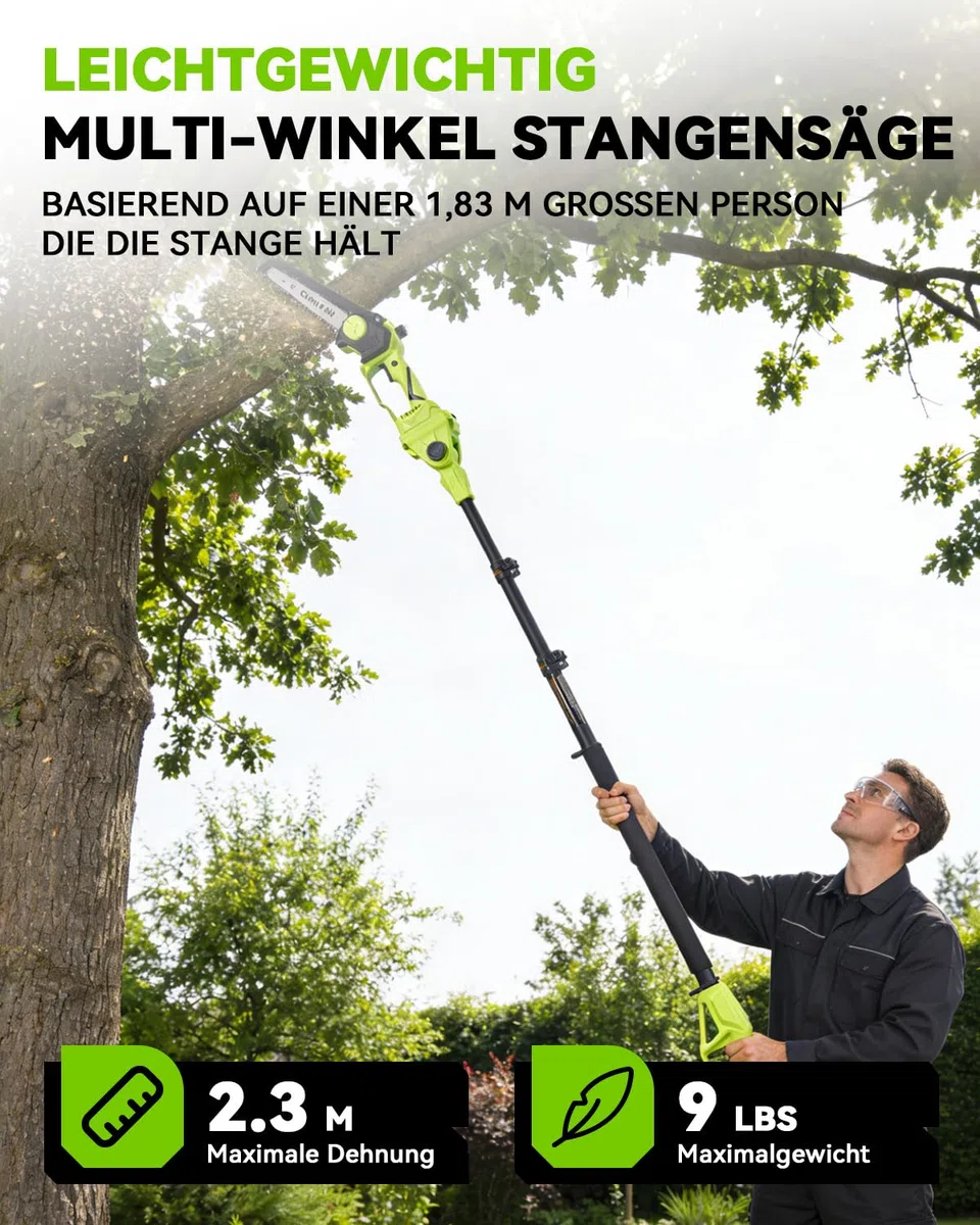 2 in 1 Potatore Telescopico a Batteria, Mini Motosega da 8 Pollici con Asta Telescopica, Potatore a Batteria con 2 Batterie da 3000 mAh, Utensili da Giardino per Potatura Alberi e Taglio Rami