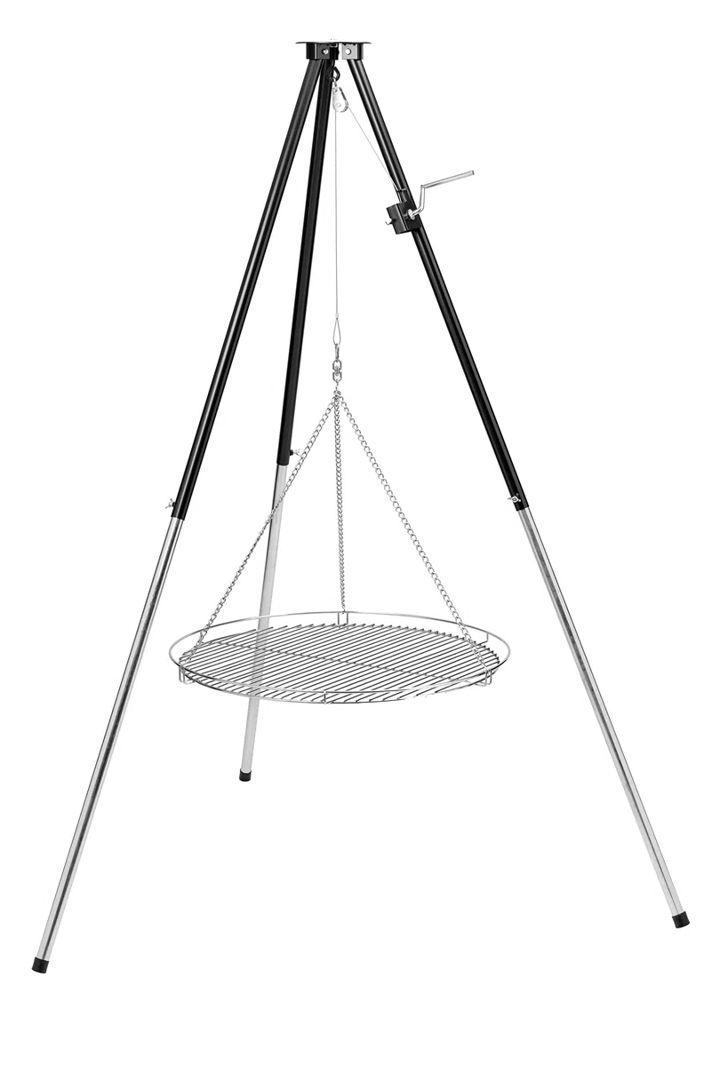 HeRo24 Griglia girevole a tre zampe con manovella inclusa griglia cromata 70 cm con borsa per il trasporto regolabile in altezza per braciere da giardino e campeggio.