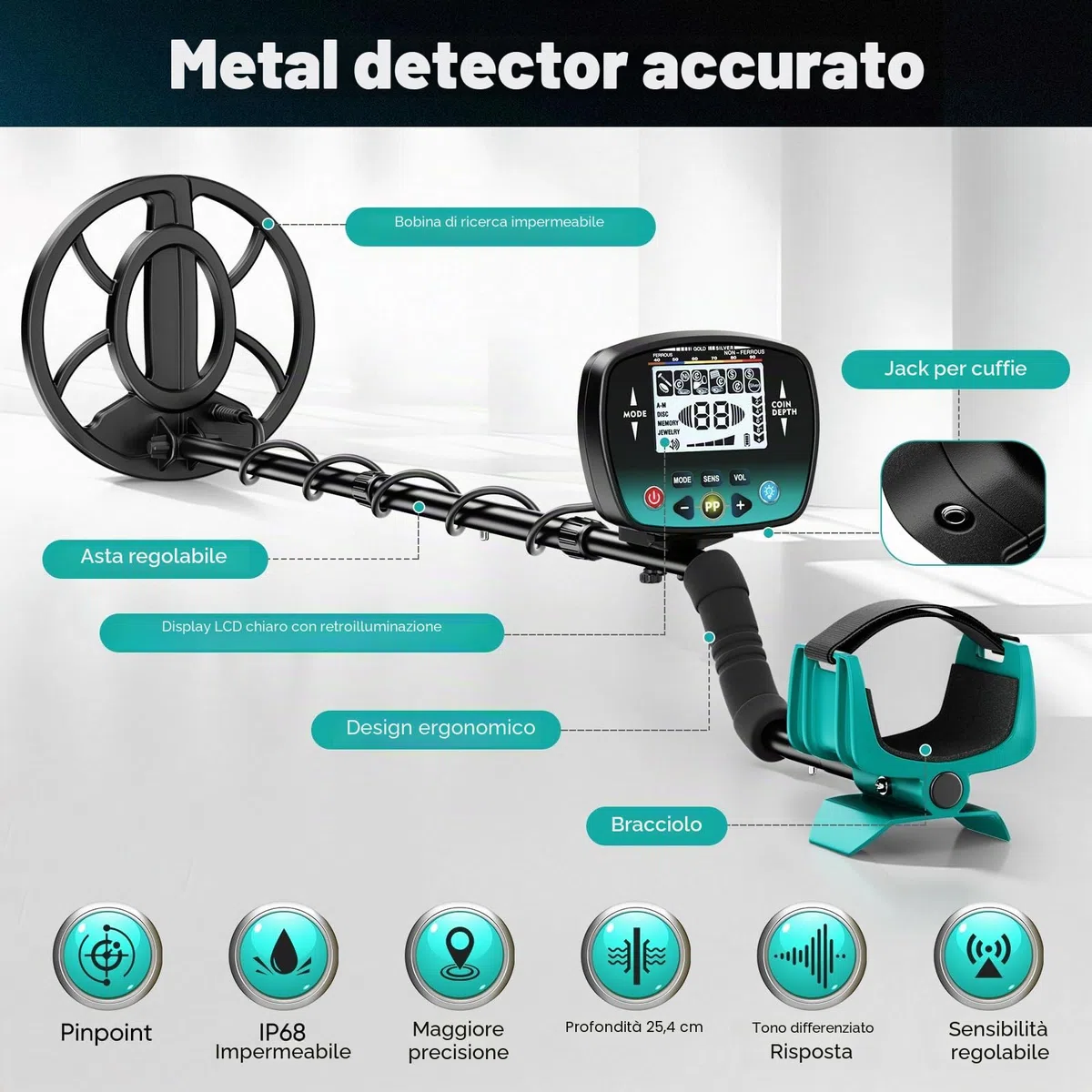 Metal Detector Professionale, 2025 Nuovo Modello Pieghevole, 5 Modalità ad Alta Precisione, Bobina Impermeabile IP68, Display a Colori, Sensibilità Regolabile, Chip DSP Avanzato