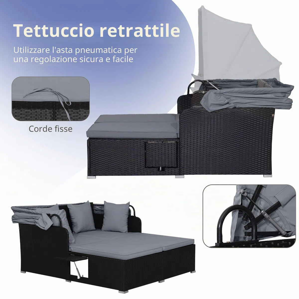 LIFEZEAL Salotto da Giardino Esterno, in Rattan PE, Divanetto per 2 Persone, Trasformabile in Letto Matrimoniale, con Ombreggiatura del tettuccio, Tavolino da Caffè e 4 Cuscini, 165x153x138cm (grigio)
