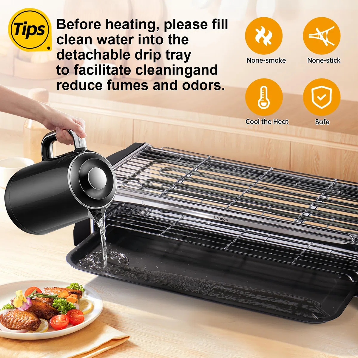 Griglia Barbecue Senza Fumo Barbecue Piastra Elettrica da Tavolo, Grill Elettrico BBQ Doppio Strato con Vassoio Raccogligrasso, Antiaderente Grill per Balcone e Giardino - 2200W