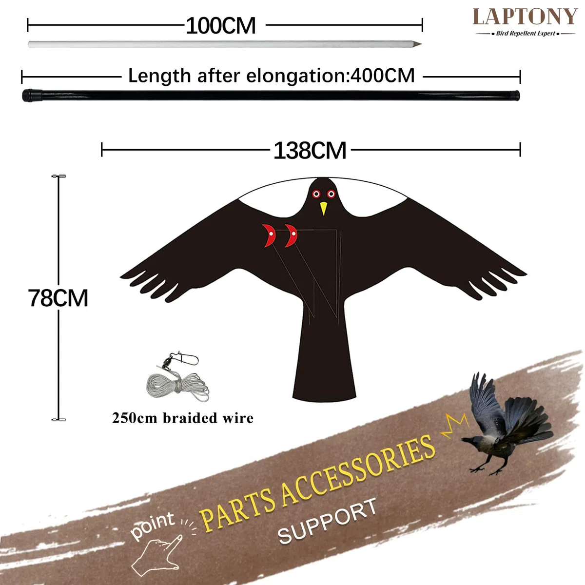 Uccello Spaventatore Volare Aquilone per Colture Fattoria - Protettore Falco con Asta Telescopica da 4m per Giardino
