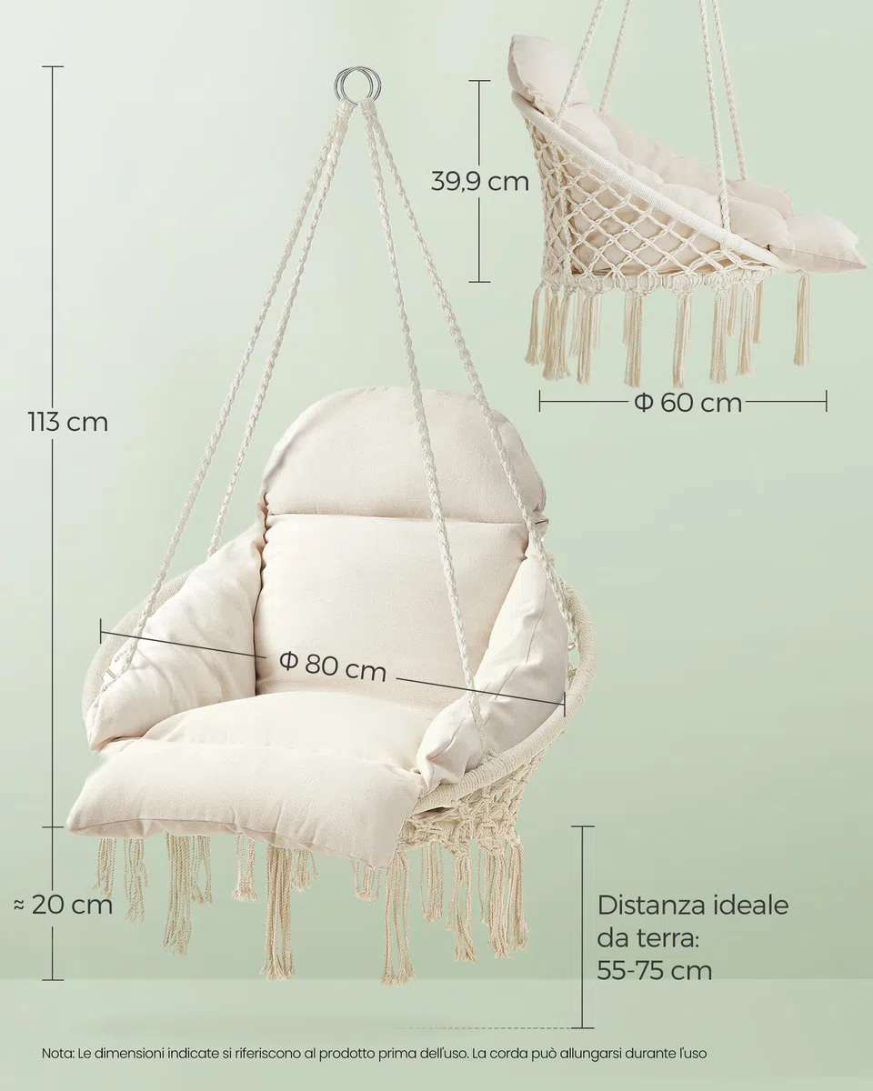 SONGMICS Sedia Altalena, Sedia Amaca, Cuscino Ben Imbottito, Sedia Sospesa Boho, Camera da Letto Balcone Giardino Soggiorno, Regge 120 kg, Accessori Inclusi, Bianco Crema GDC042M01