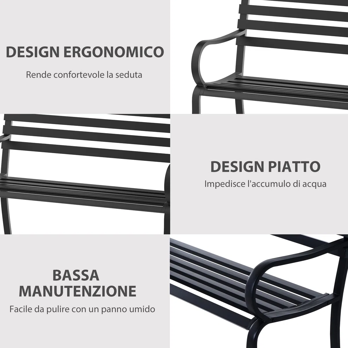 Outsunny Panchina da Esterno in Metallo Impermeabile Nero, Panca da Giardino a due Posti, 127 x 62 x 82cm - Max 240kg