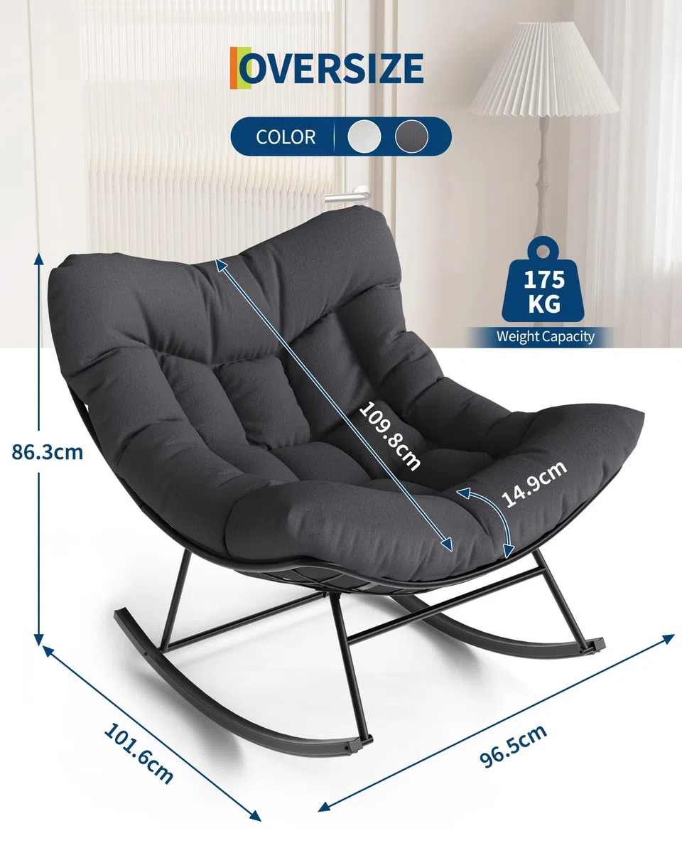 1 Sedia in Filo Ferro, Sedia Dondolo a Forma Uovo Telaio Quattro Pezzi Smontabile Rivestito Plastica Cuscino Tessuto Imbottitura Cotone PP Cuscino Sottovuoto Sedia a Dondolo