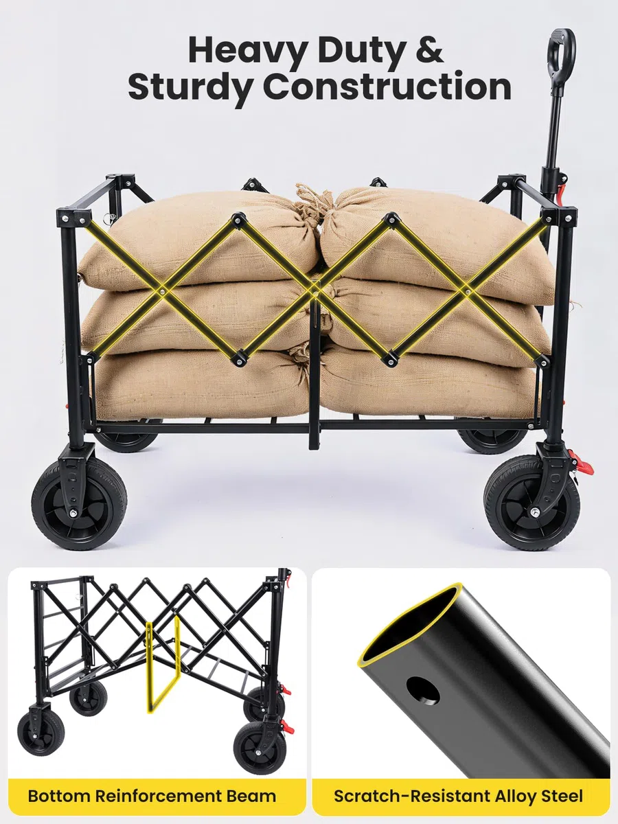 YEAUPE PRO Carrello Spiaggia, Carrello Pieghevole con Ruote – Doppi freni ant., ruote grandi, manico reg., post. aprib. oggetti lunghi – per campeggio/spiaggia, 160-240L, Nero Lucido