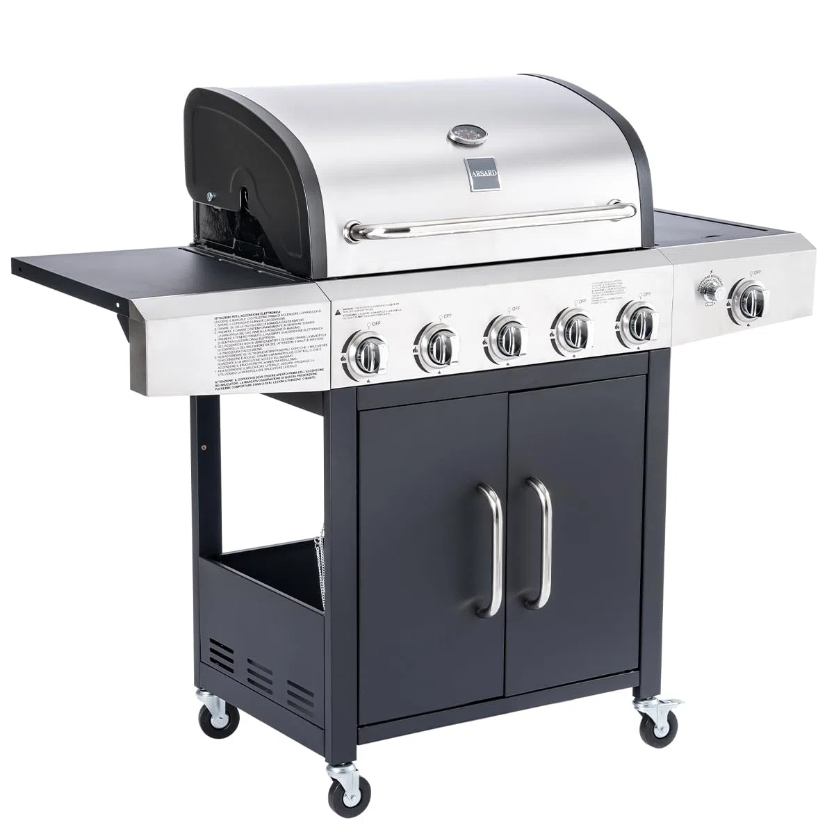 Arsard Barbecue a Gas Professionale XXL Con 6 Fuochi Multifunzione Da 19 KW, Completo Di Bruciatore Laterale, Coperchio, Termometro, Griglia In Ghisa, Ruote, Portabombola E Struttura In Acciaio Inox