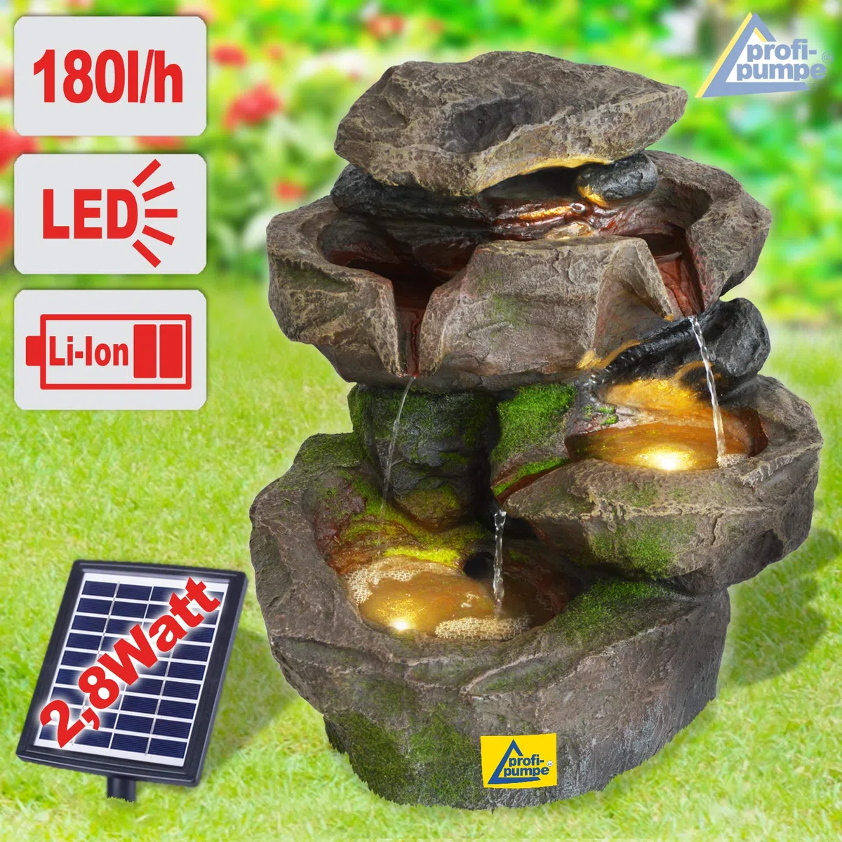 Fontana da giardino solare con luce LED, cascata in pietra SCHWARZWALD