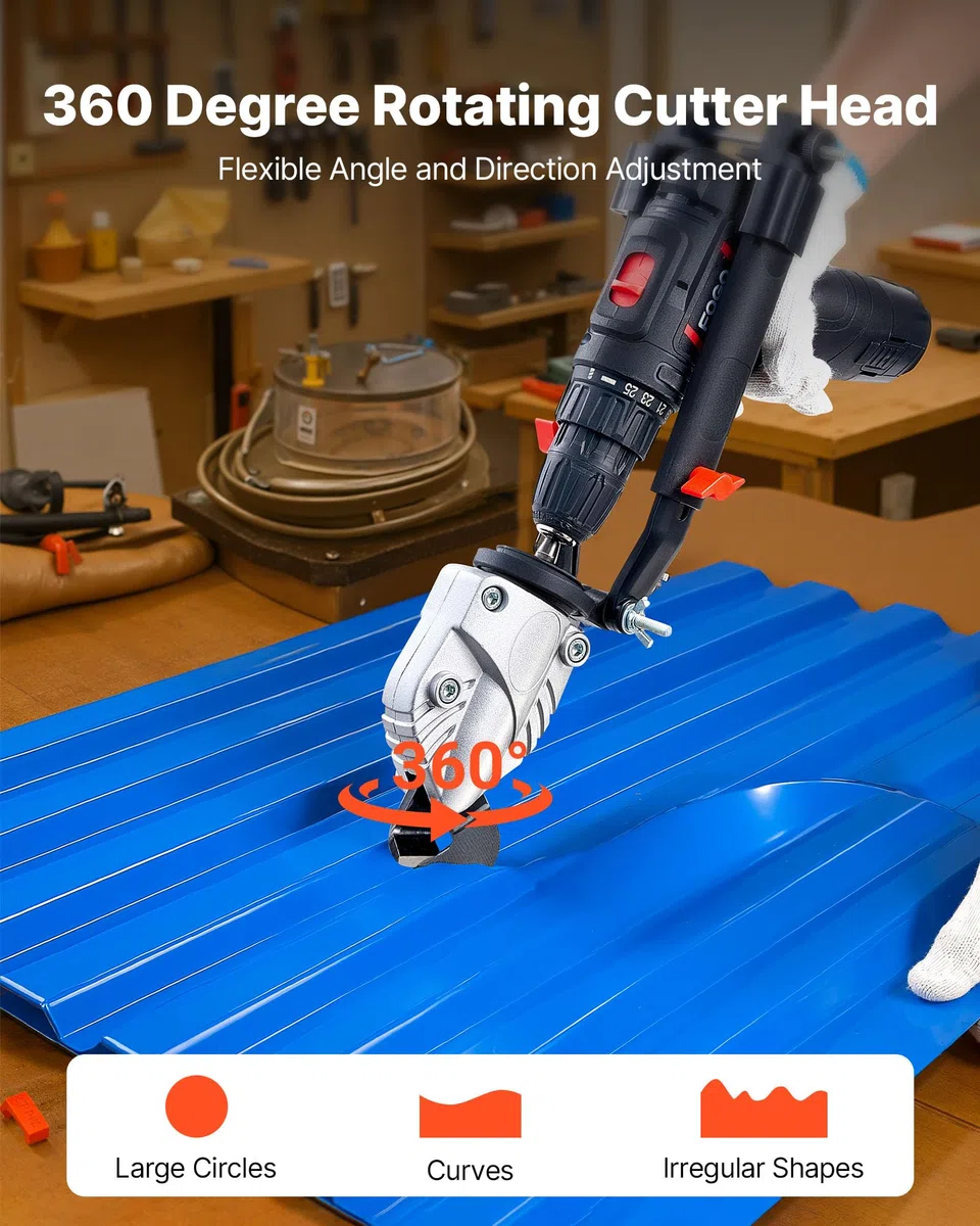 VEVOR Accessorio per Trapano Cesoia per Metallo, Taglierina per Lamiera con Testa Girevole a 360 Gradi, Lame Affilate, per Acciaio Zincato, Acciaio Inox, Lamiera di Alluminio, Plastica, Cartone