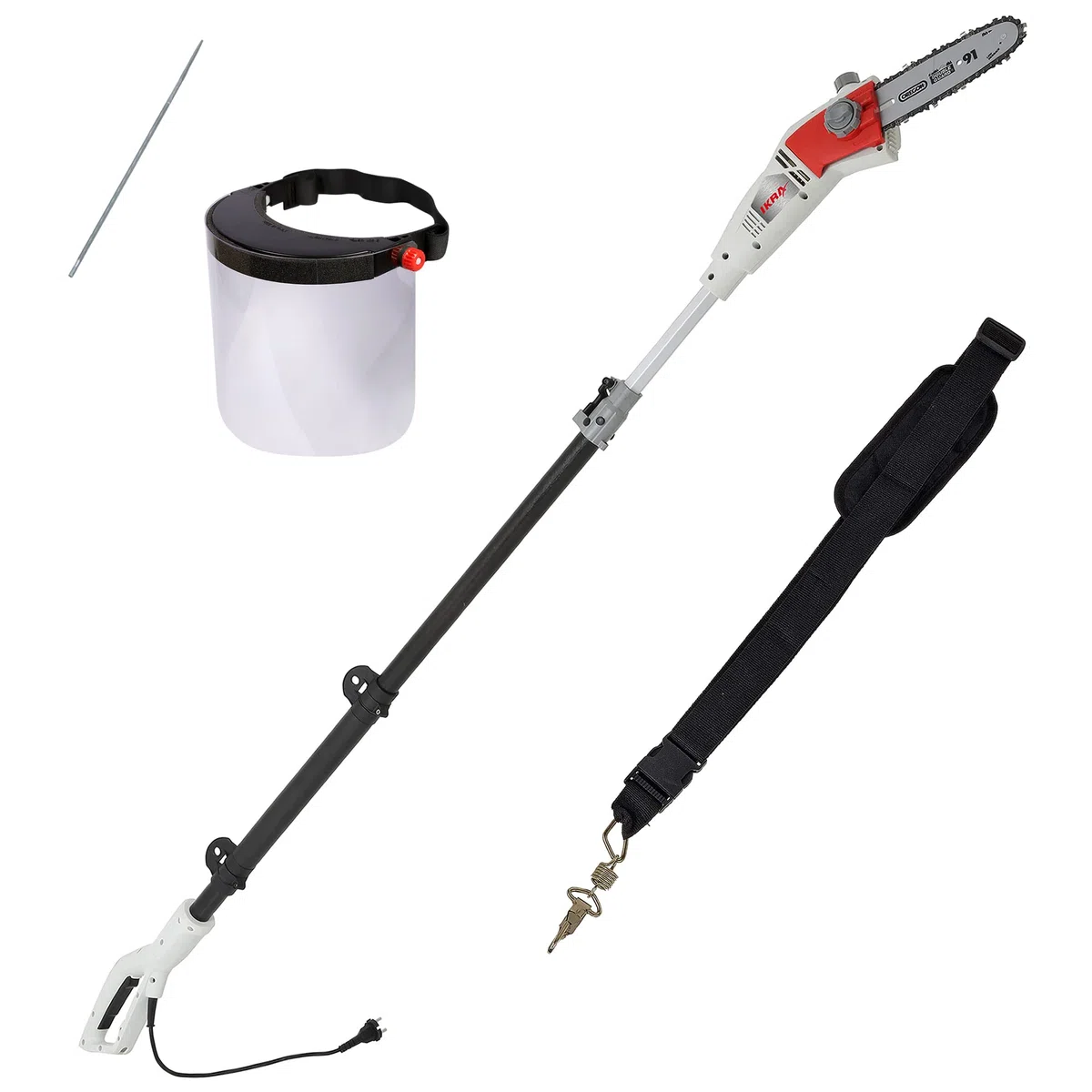 IKRA potatore telescopico elettrico IEAS 750, altezza di lavoro 4m, incl. tracolla, lime & scudo di protezione