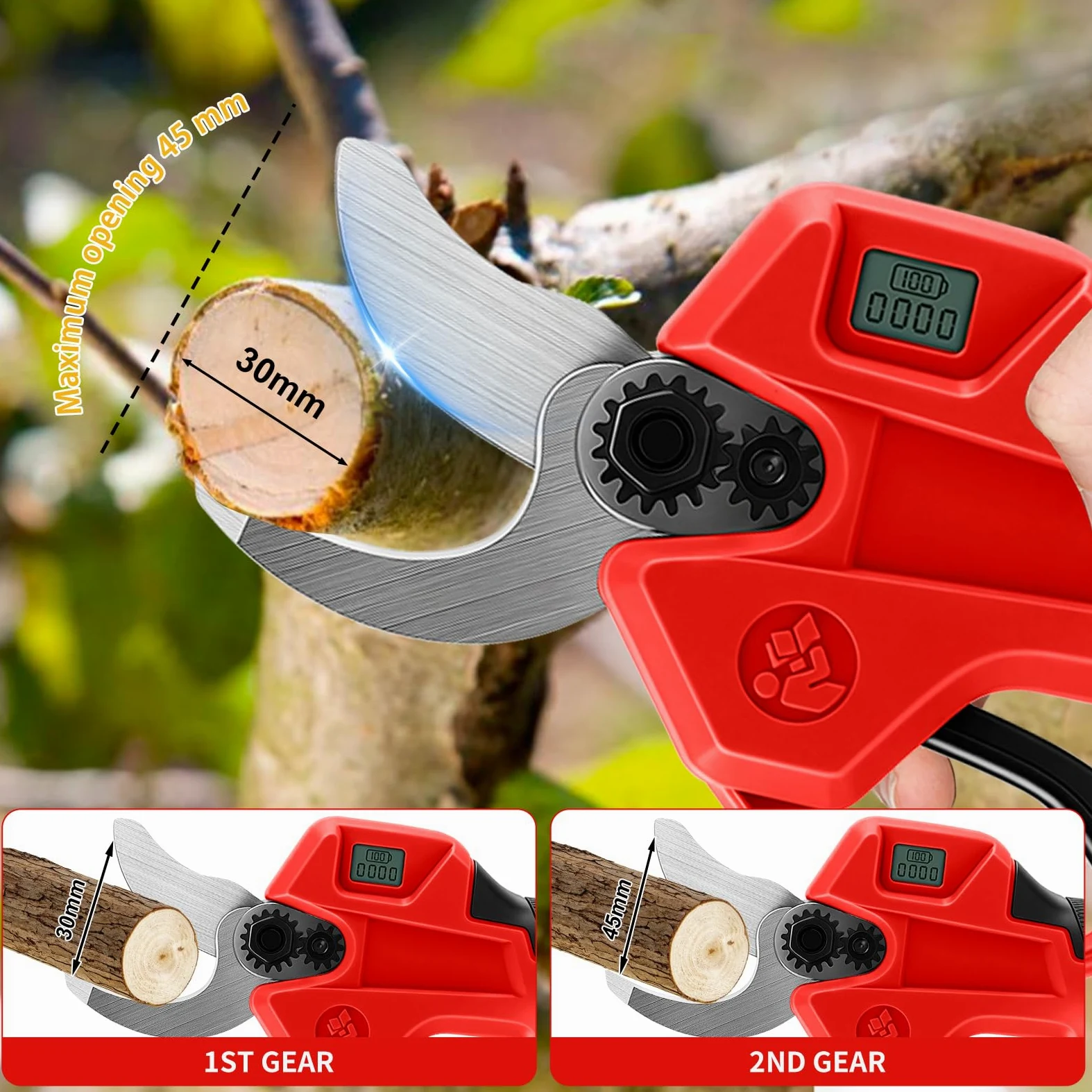 Taglierina per rami senza fili, compatibile con batteria Milwaukee M 18 V (senza batteria), forbici per albero senza spazzole a 2 velocità, display digitale, diametro di taglio 30 mm, lame di ricambio
