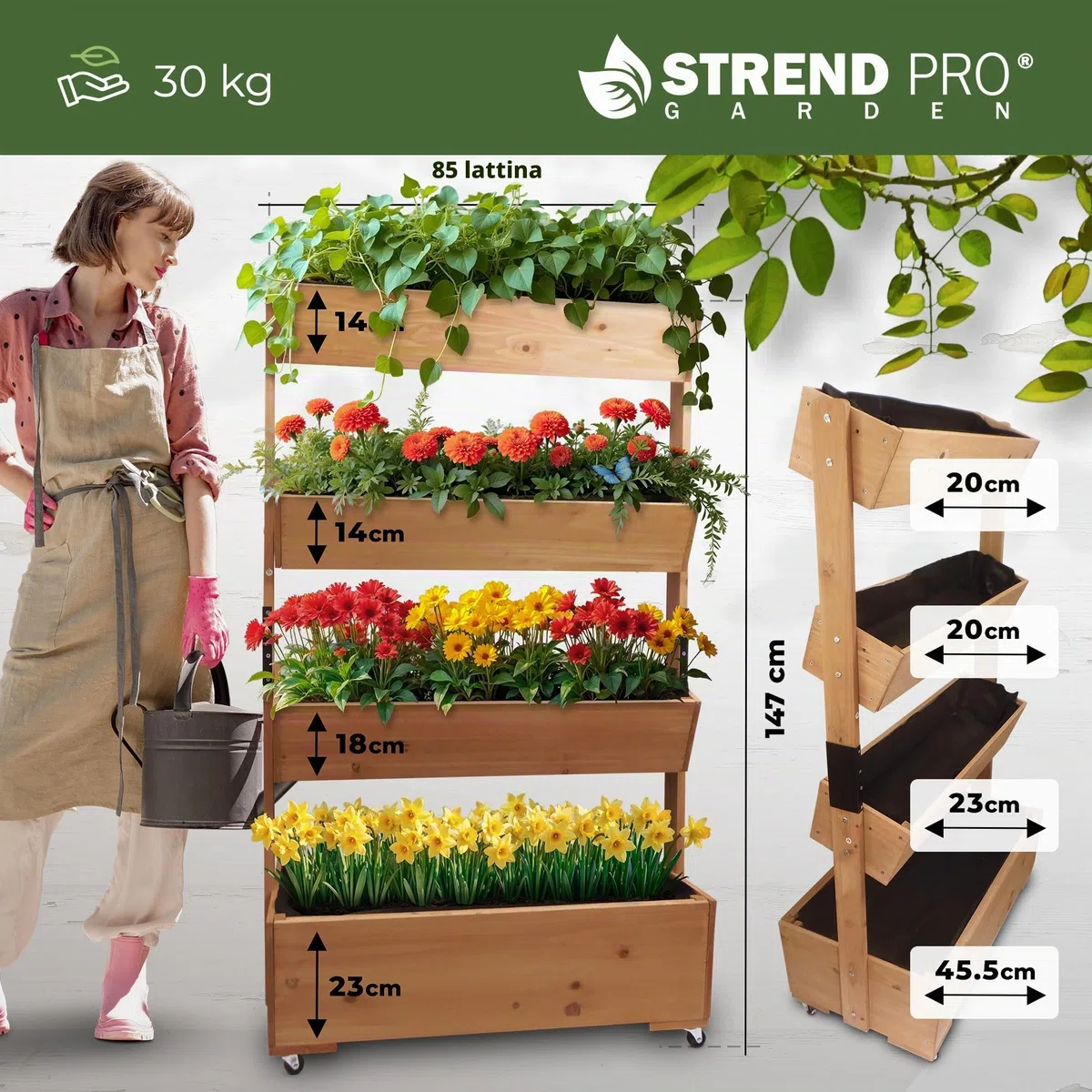 STREND PRO Balcone aiuola rialzata a 4 livelli LEGNO | 147x85x45 cm (AxLxP) | Aiuola verticale resistente alle intemperie Scala per piante da esterno | Aiuola per balcone per fiori, erbe aromatiche