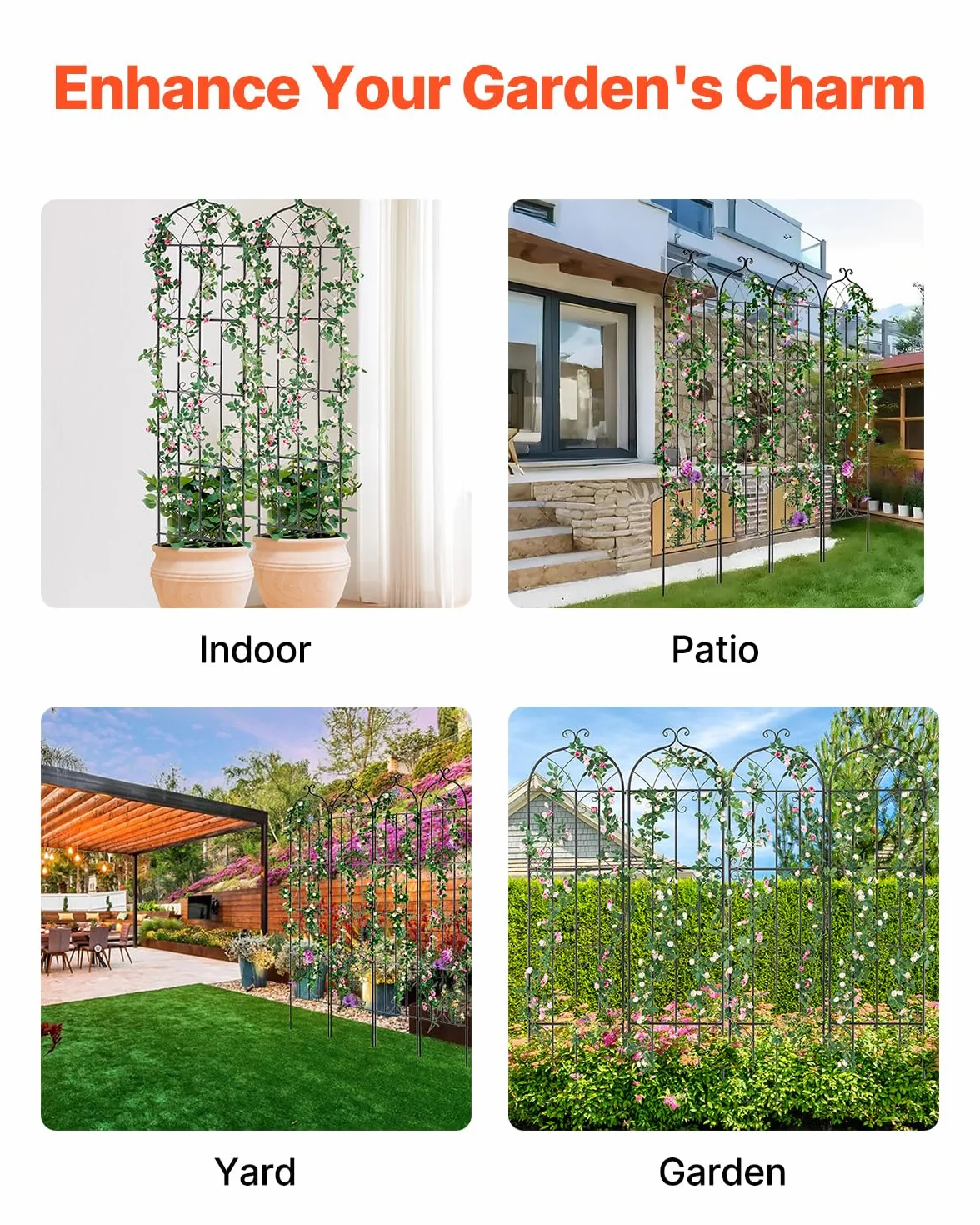 VEVOR Traliccio da Giardino Rampicanti per Piante Fiori in Metallo Antiruggine, Supporto per Traliccio per Rose Rampicanti Esterno, Traliccio Decorativo per Clematide Alta Cortili 51 x 220 cm 4 Pezzi