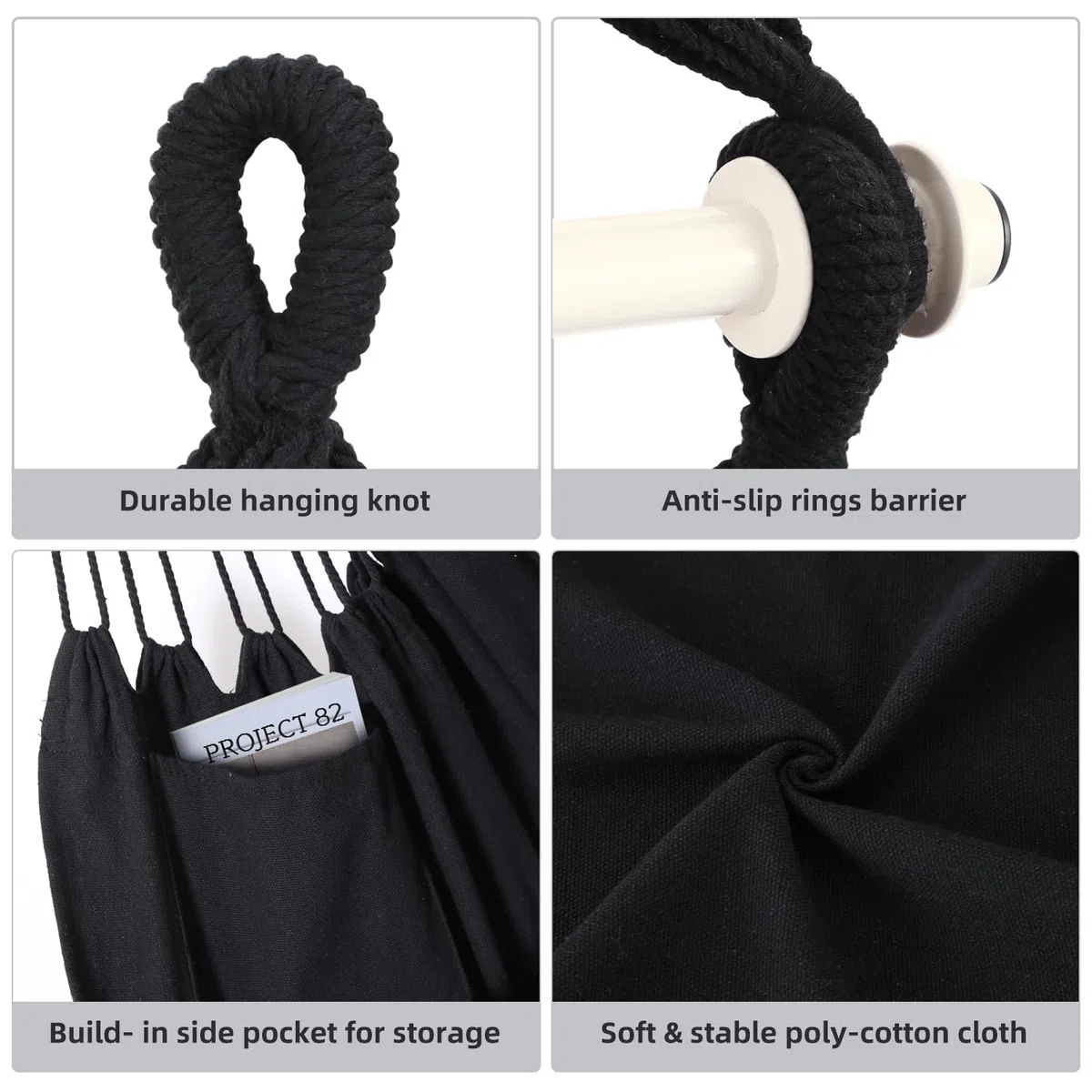 Ohuhu Sedie Sospese Sedia Amaca da Giardino con 2 Cuscini e Robuste Ganci kit, Sedia ad Altalena Sedia a Dondolo Sospesa Costruzione Robusta e Resistente per Balcone, Giardino, Portante 150kg (Nero)