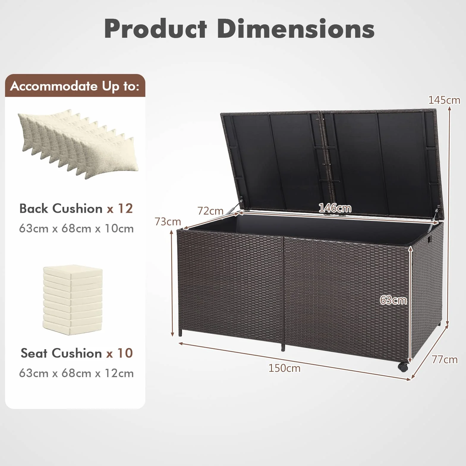 GIANTEX Contenitore per cuscini in rattan, 662 litri, con coperchio, con 2 ruote e manici, resistente alle intemperie, con tasca interna, con molla a gas, 150 x 77 x 72 cm