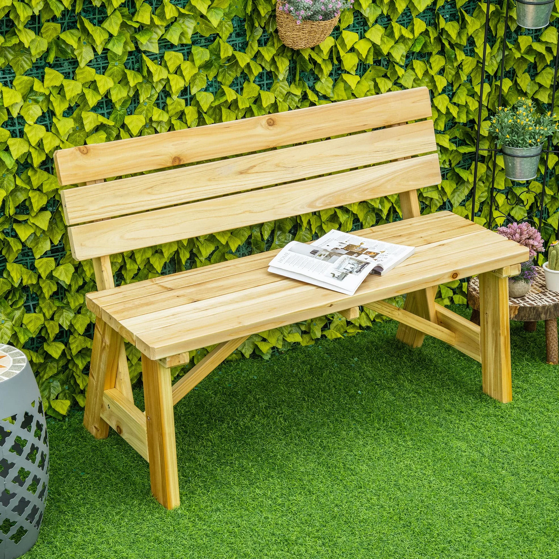 Outsunny Panchina da Esterno in Legno, Panchina 2 Posti da Giardino a Doghe con Schienale Alto, 116x56x80cm, Colore Naturale