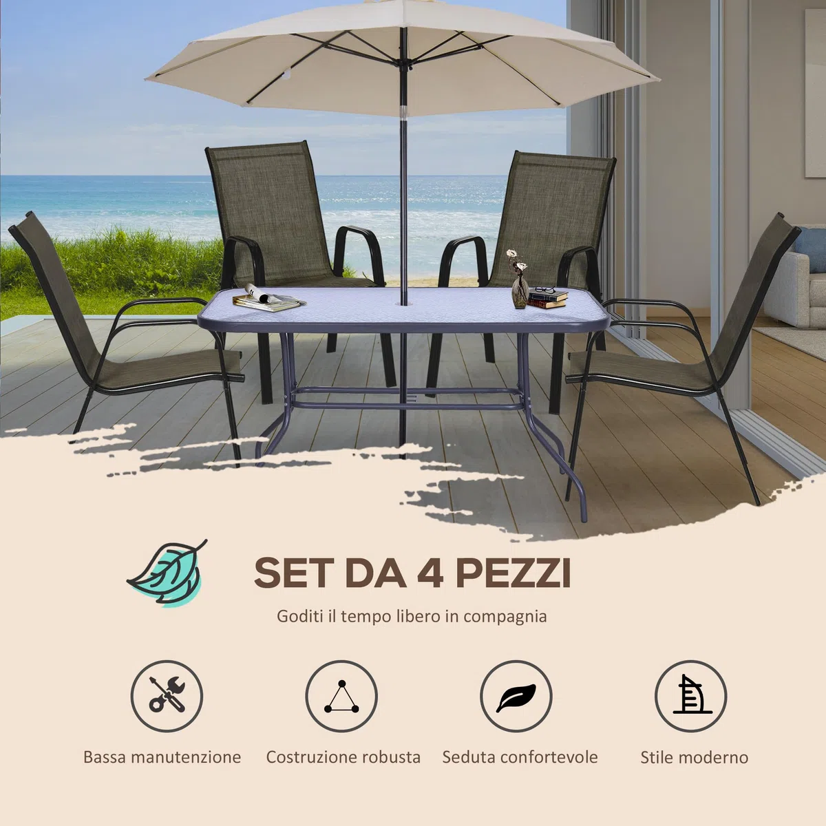 Outsunny Set 4 Sedie da Giardino Impilabili con Braccioli, Sedie per Pranzo da Esterno in Metallo e Texteline Impermeabile, da Patio, Balcone, Terrazza, Esterno e Interno, 54x75.5x95cm, Marrone