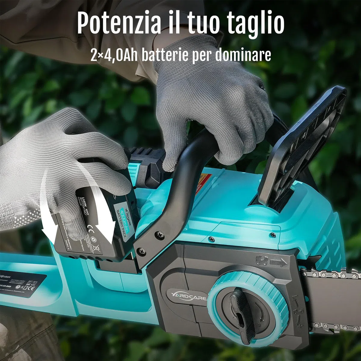 YARDCARE Motosega a batteria da 16 pollici, motore brushless da 1600 W, velocità catena 21 m/s, display LED, 2 batterie da 4 Ah, tensionamento senza attrezzi e lubrificazione automatica