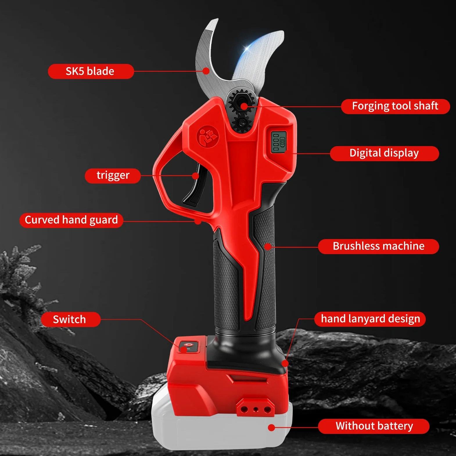 Taglierina per rami senza fili, compatibile con batteria Milwaukee M 18 V (senza batteria), forbici per albero senza spazzole a 2 velocità, display digitale, diametro di taglio 30 mm, lame di ricambio