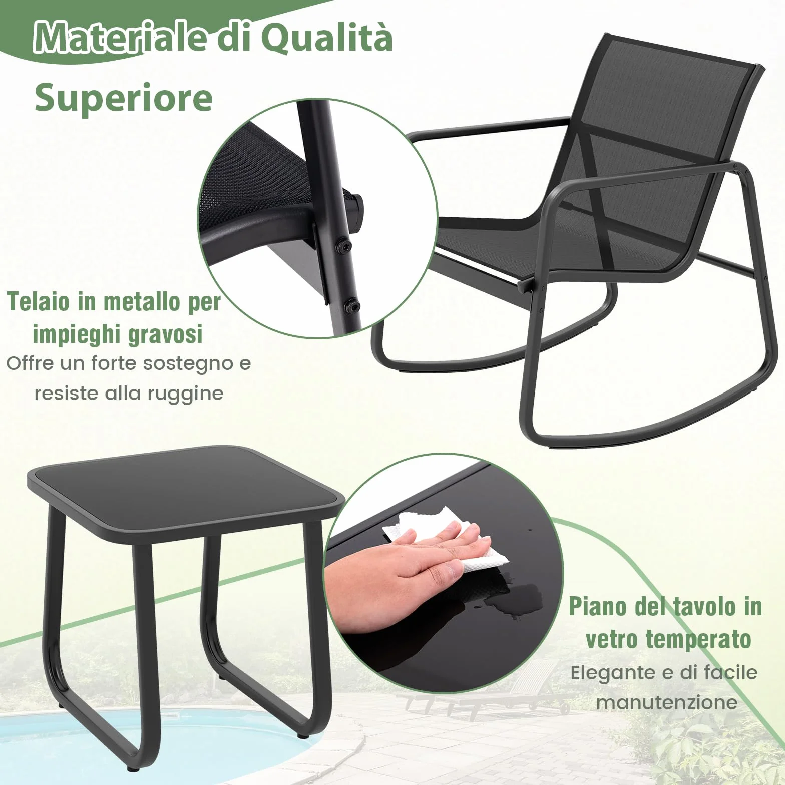 GYMAX Set di Mobili da Giardino 3PCS, 2 Sedie a Dondolo con Tavolino in Vetro, Piccolo Set da Patio con Movimento a Dondolo Fluido, Strisce Antiscivolo, per Portico Esterno, Cortile e Balcone