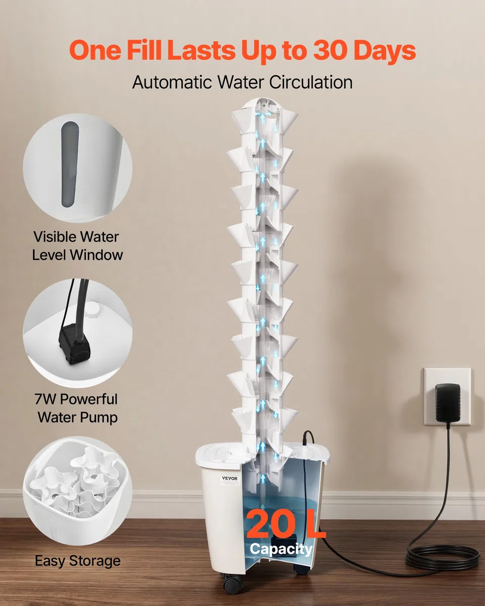 VEVOR Torre Idroponica da Interno, Sistema di Coltivazione Senza Terra a 10 Livelli con 50 Capsule, Controllo App e Ruote, con Serbatoio da 20 L e Pompa, per Erbe Aromatiche Fiori Frutta e Verdura