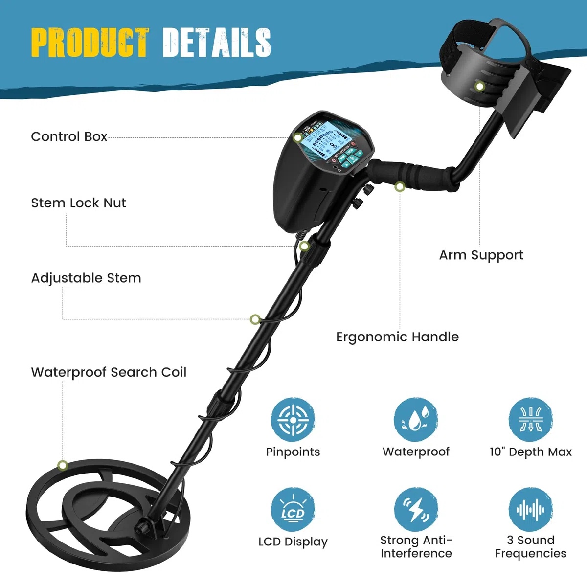 Metal detector per adulti e bambini lunghezza sensibilità e audio regolabile, tutte le modalità metallo/DISC/PP, display LCD, kit di rilevatori d'oro professionale per spiaggia, giardin (Blau)
