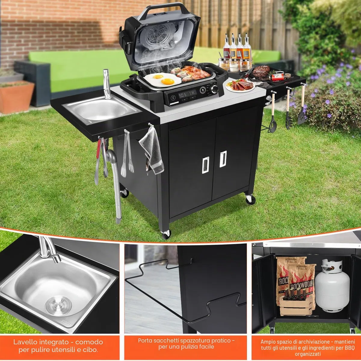 GFTIME Carrello per barbecue, cucina all'aperto, tavolo per pizza mobile, in acciaio inox, con ruote, 154 x 63 x 89 cm