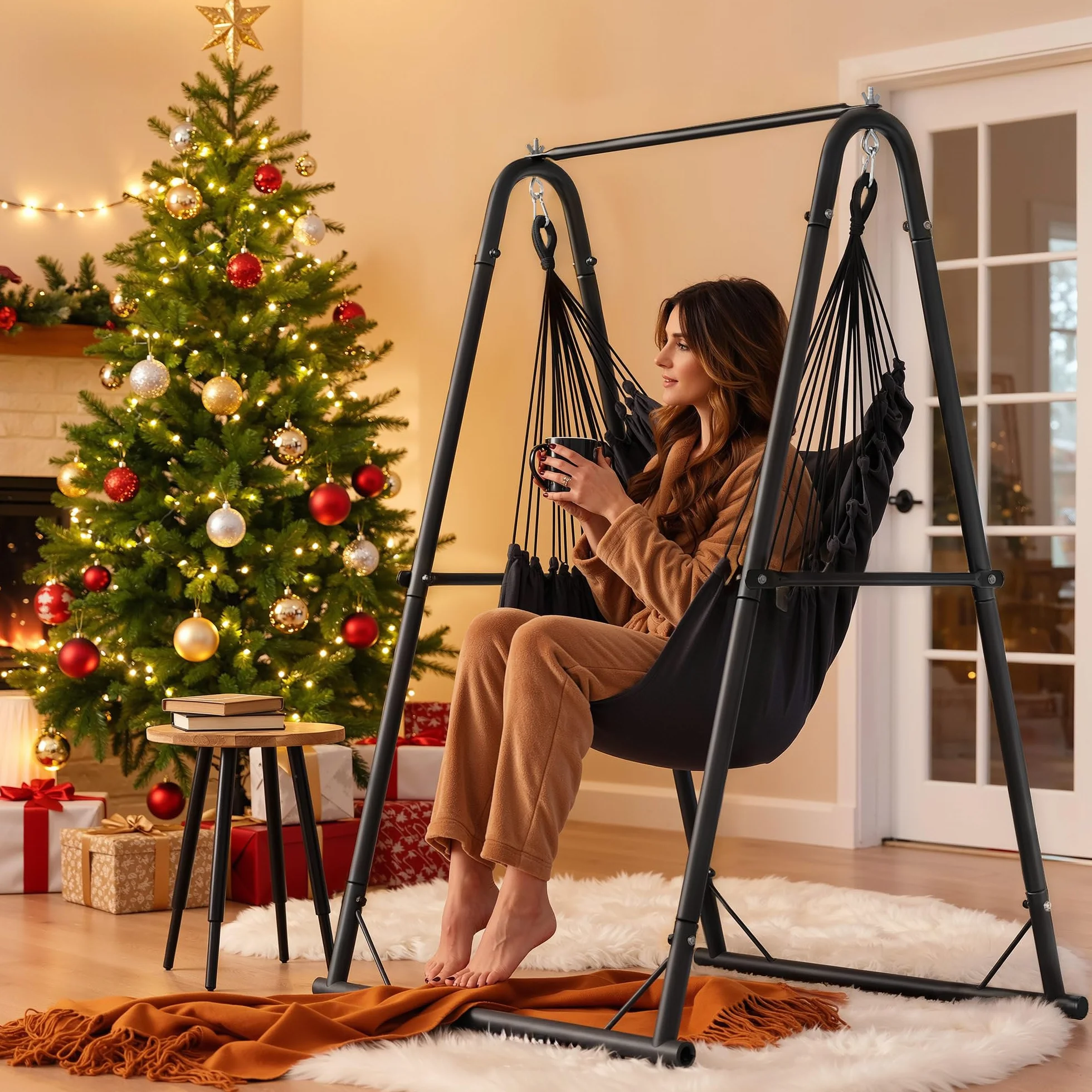 YITAHOME Poltrona sospesa con telaio 105 x 93 x 160 cm, stabile struttura in acciaio, supporto per amaca con altalena sospesa, carico massimo 150 kg, sedia a dondolo con 2 ganci e 2 cuscini per