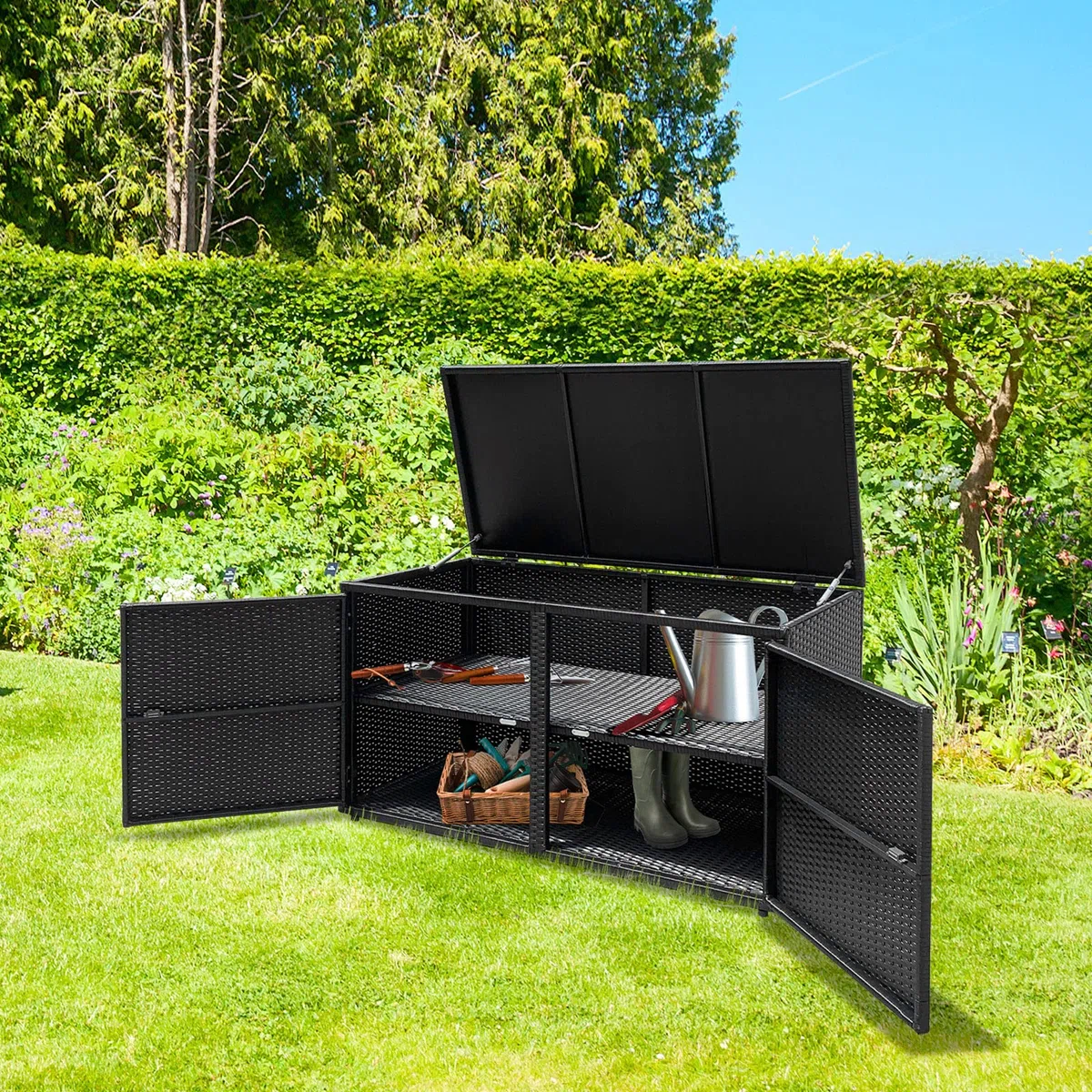GIANTEX Cassapanca Per Esterni in Metallo e PE Rattan, Ideale Per Tenere in Ordine, 310 L,115 x 60 x 65/120 cm, 2 Colori (Nero)