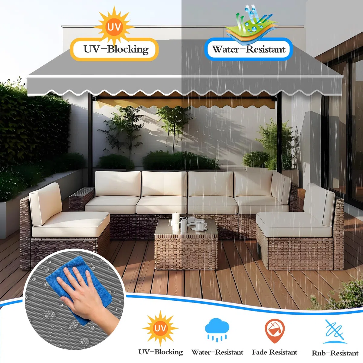 Tessuto Sostitutivo per Tenda da Giardino Retrattile per 2 M 3 M 3,5 M 4 M (Senza Telaio), Copertura per Parasole in Tela Poliestere 300G con Mantovana Anteriore(Size:4x3m,Color:Grigio Chiaro)