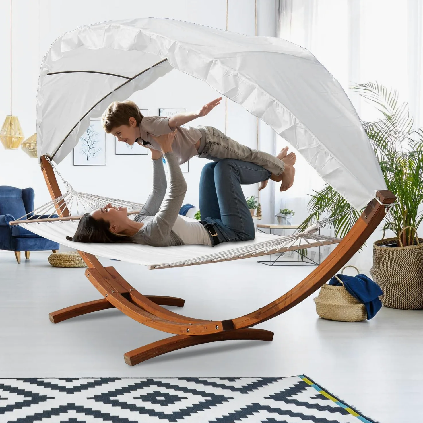 Amaca da giardino con supporto in legno, amaca matrimoniale 2 posti con parasole, fino a 200 kg, resistente alle intemperie, per balcone, terrazza e giardino