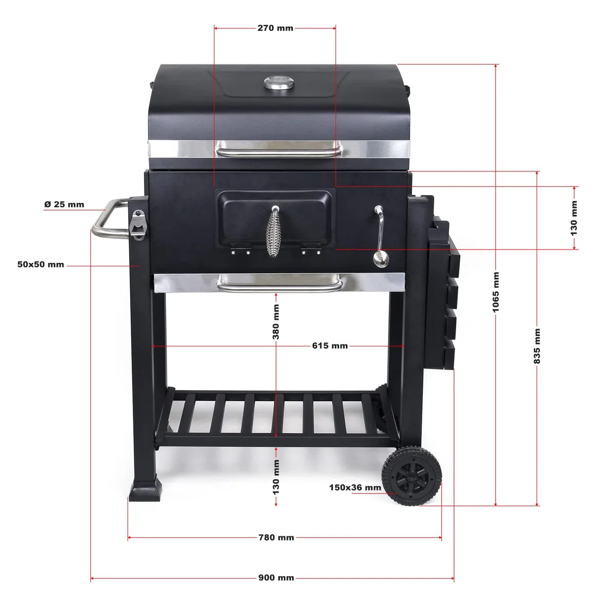 Wiltec Barbecue a carbone carrellato con coperchio termometro altezza carbone regolabile BBQ a carrello