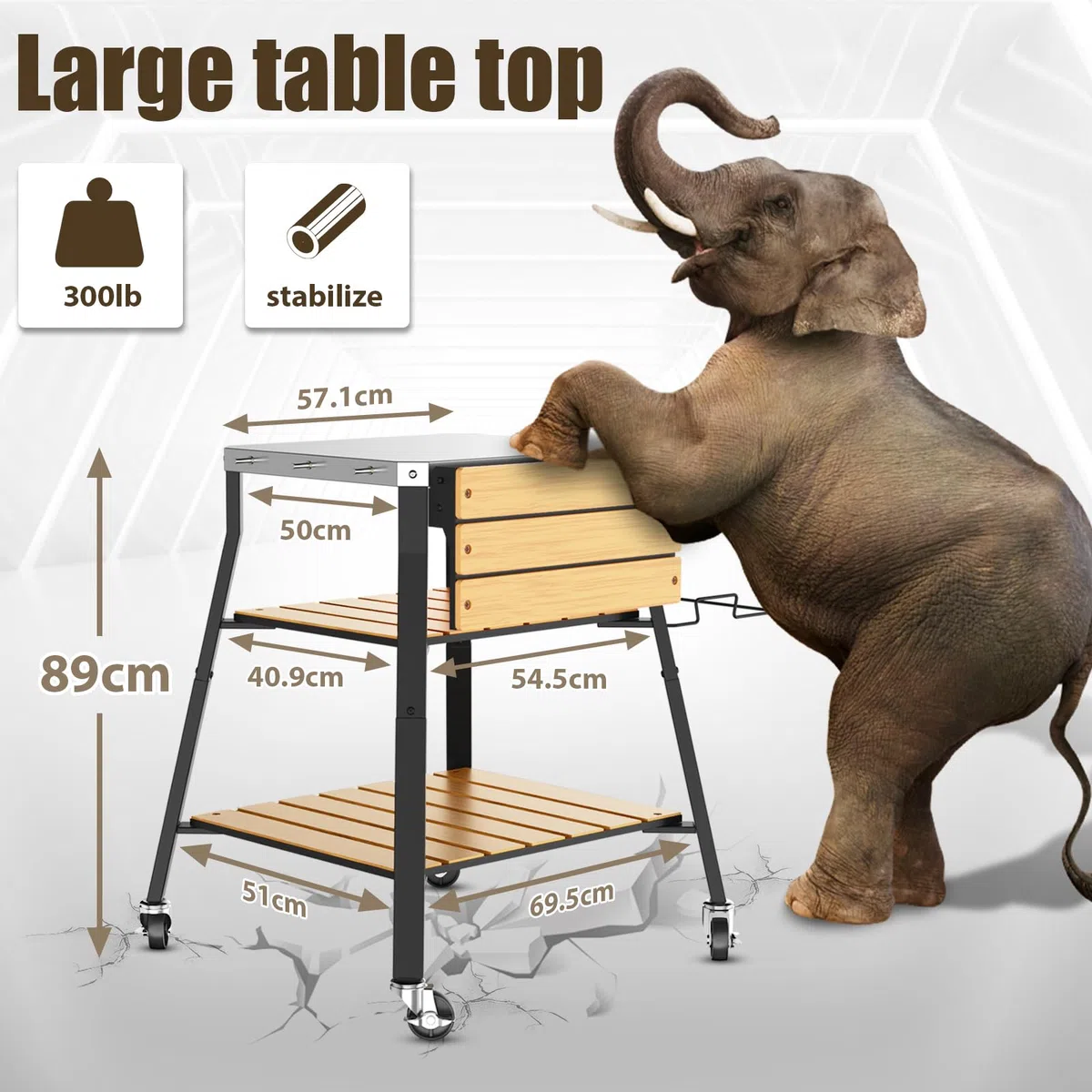 GFTIME Carrello per barbecue portatile universale, in acciaio inox, per barbecue Solo Stove & Ninja Woodfire Outdoor BBQ, supporto per barbecue con ripiani in WPC e ruote girevoli a 360°