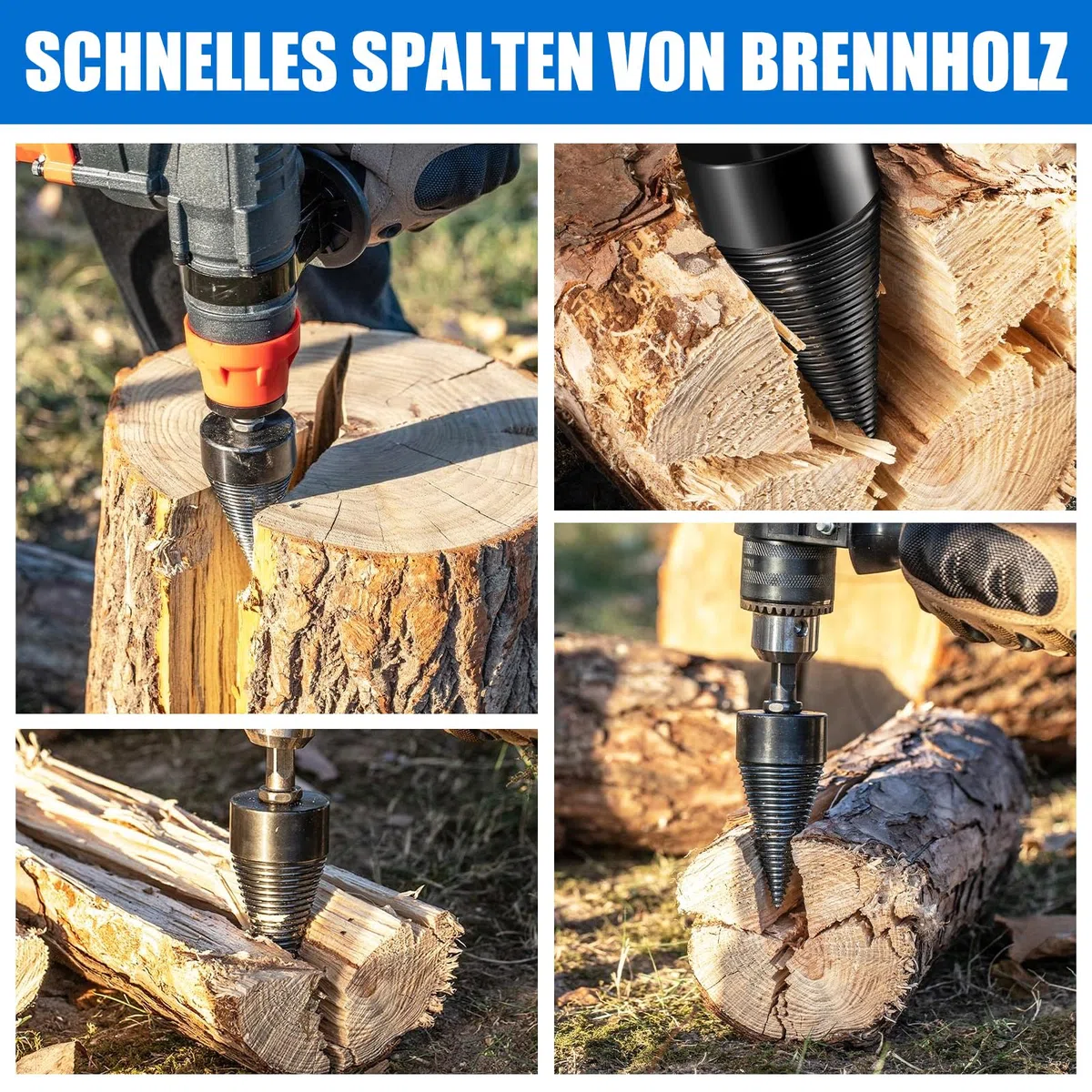 Spaccalegna per trapano, 42 mm, cono, spaccalegna con 4 maniglie, vite, cono, spaccalegna trapano, spaccalegna per legno, trapano a gradini in acciaio
