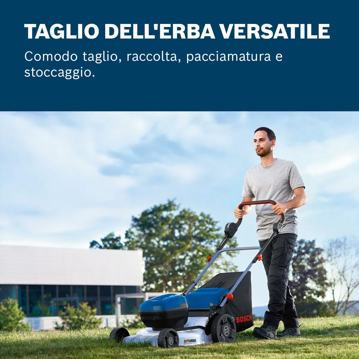 Bosch Professional 18V System Tagliaerba/Tosaerba a batteria GRA 18V2-46 (larghezza di taglio: 46 cm, 6 regolazioni altezza taglio, sacco raccoglierba tessuto 60 l, 2 chiavi di isolamento)