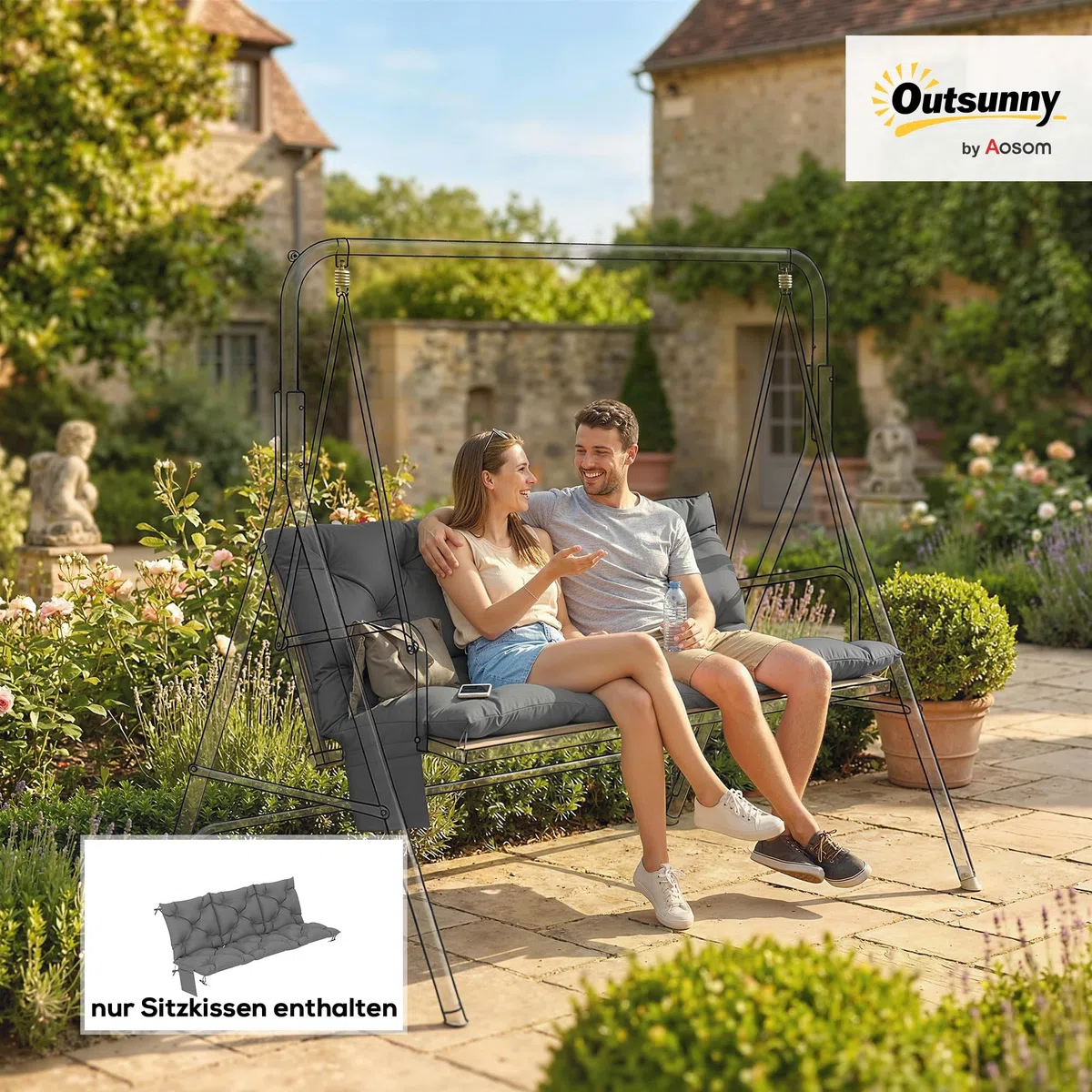 Outsunny Cuscino per panca a 3 posti, 150 x 100 x 10 cm, con nastri, schienale, per esterni, UPF30+, con tasca laterale, impermeabile, per panca a dondolo, grigio scuro