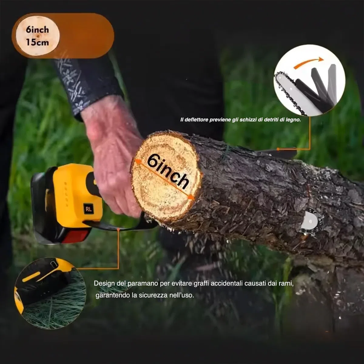 VOLTIX Mini Motosega a Batteria 6 Pollici, Motosega Elettrica Portatile per Potatura, Sega a Batteria per Legno con 2 Batterie, Motosega Elettrica Compatta con Catena di Ricambio per Giardinaggio