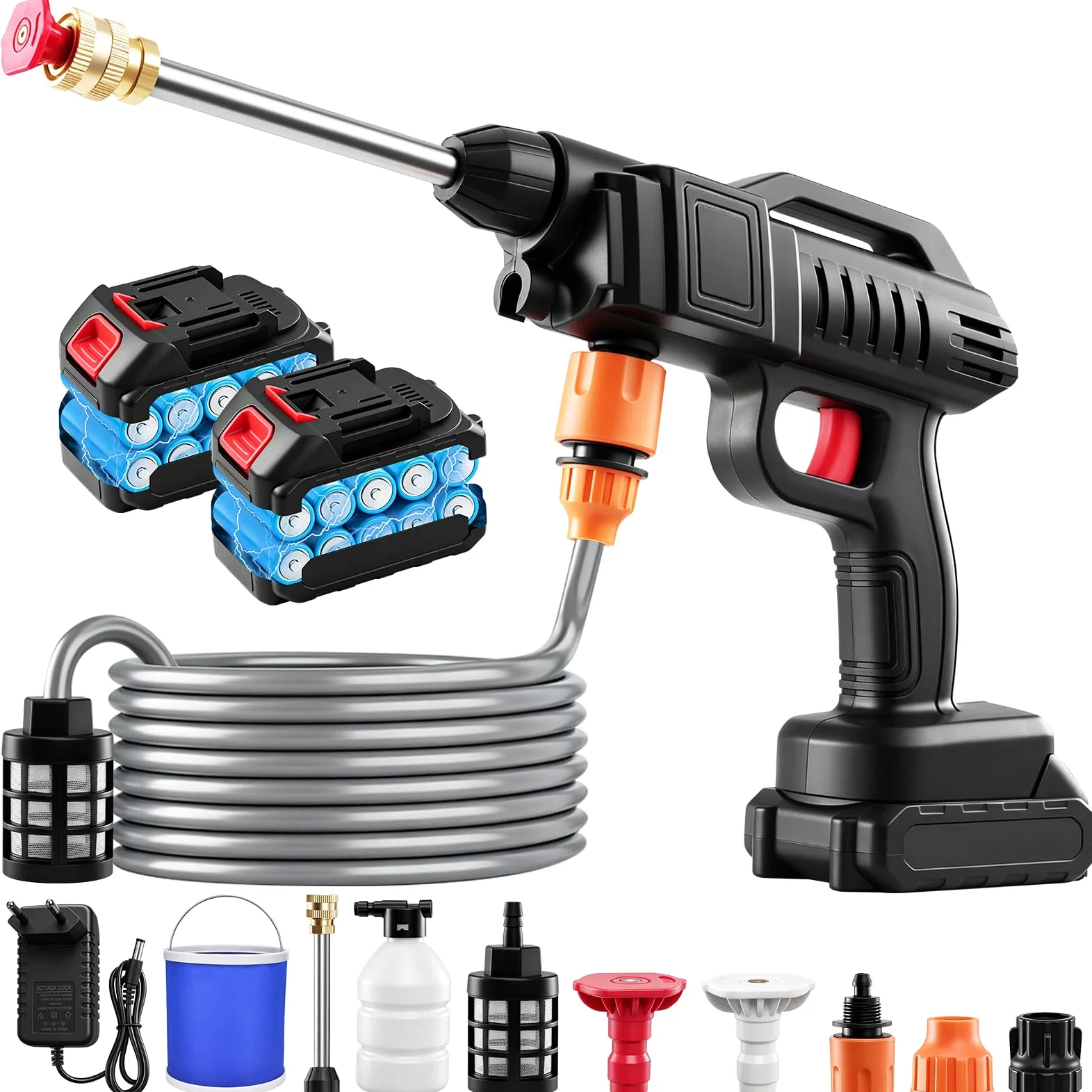 Idropulitrice a batteria, 200 bar, 21 V, con secchio, idropulitrice portatile con ugello 3 in 1, pistola ad alta pressione da 5 m per tubo da giardino, batteria da 1500 W, per auto, terrazza, finestre