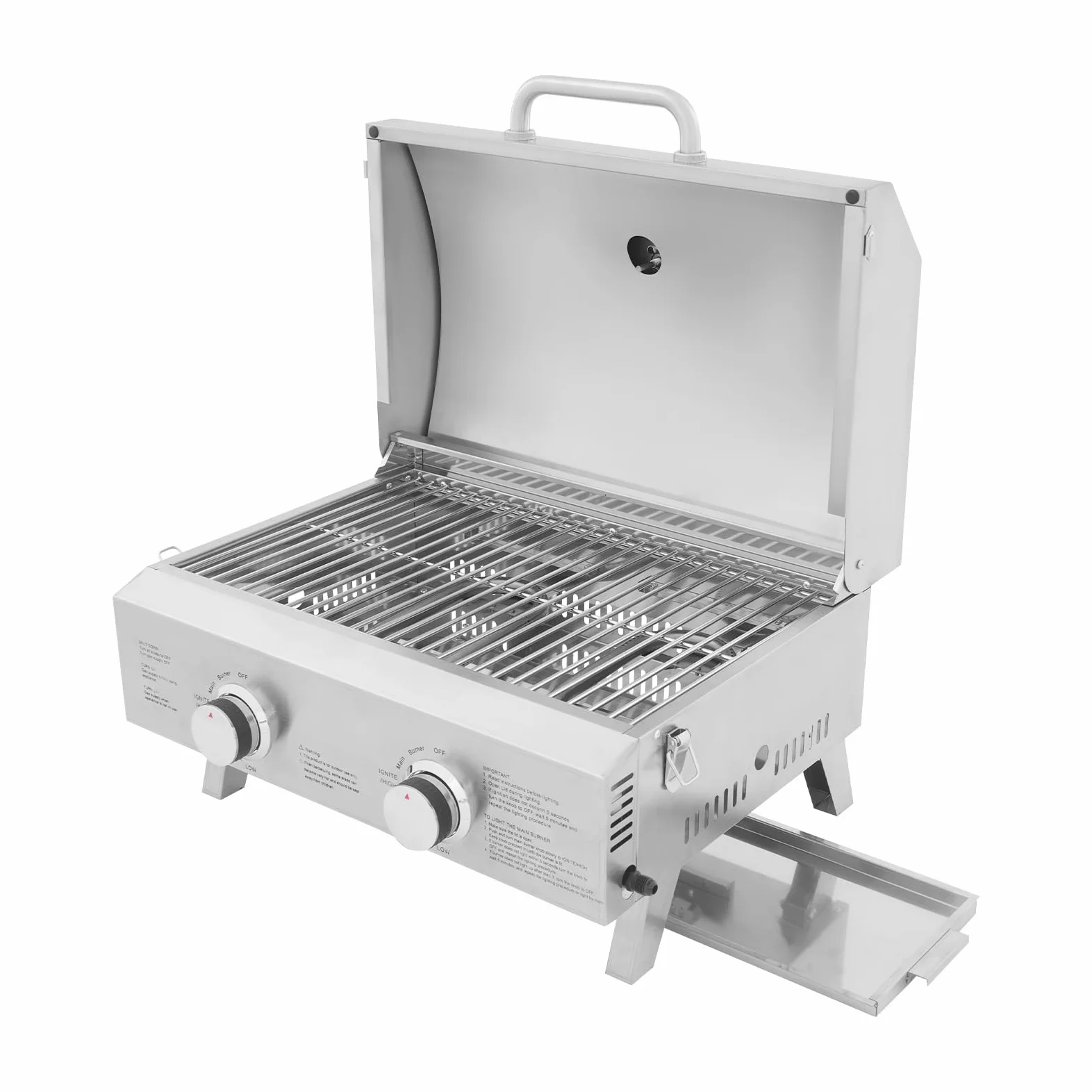 Barbecue a gas in acciaio inox, portatile con 2 fuochi, griglia pieghevole per cortile, giardino, terrazza e picnic, 22 x 18 x 15 pollici